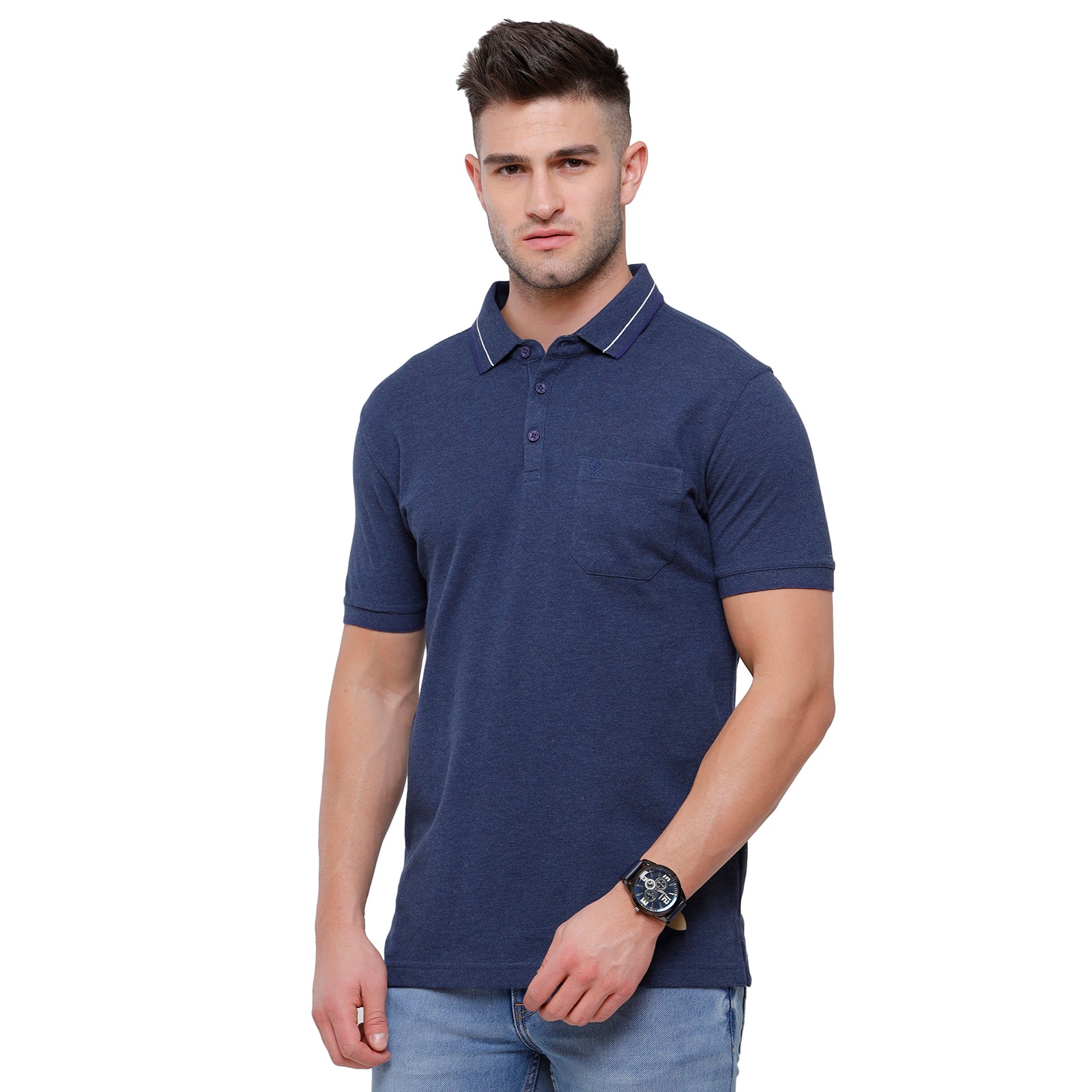 Classic polo Men's Denim Blue Melange Polo Half Sleeve Slim Fit T-Shirt - Toza-Denim Mel T-shirt Classic Polo 