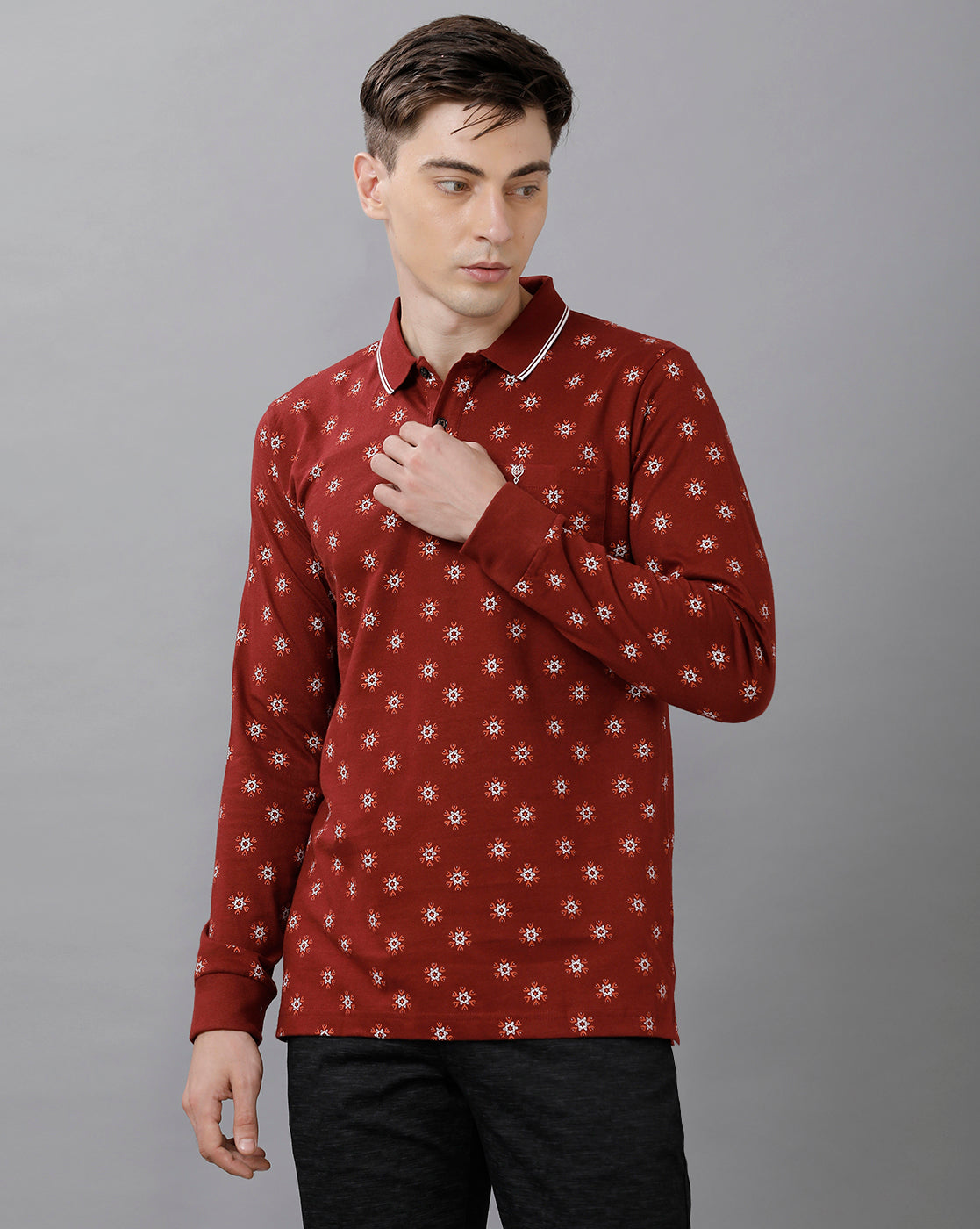 Classic Polo Mens Cotton Printed Full Sleeve Slim Fit Polo Neck Maroon Color T-Shirt | Verno 269 A R