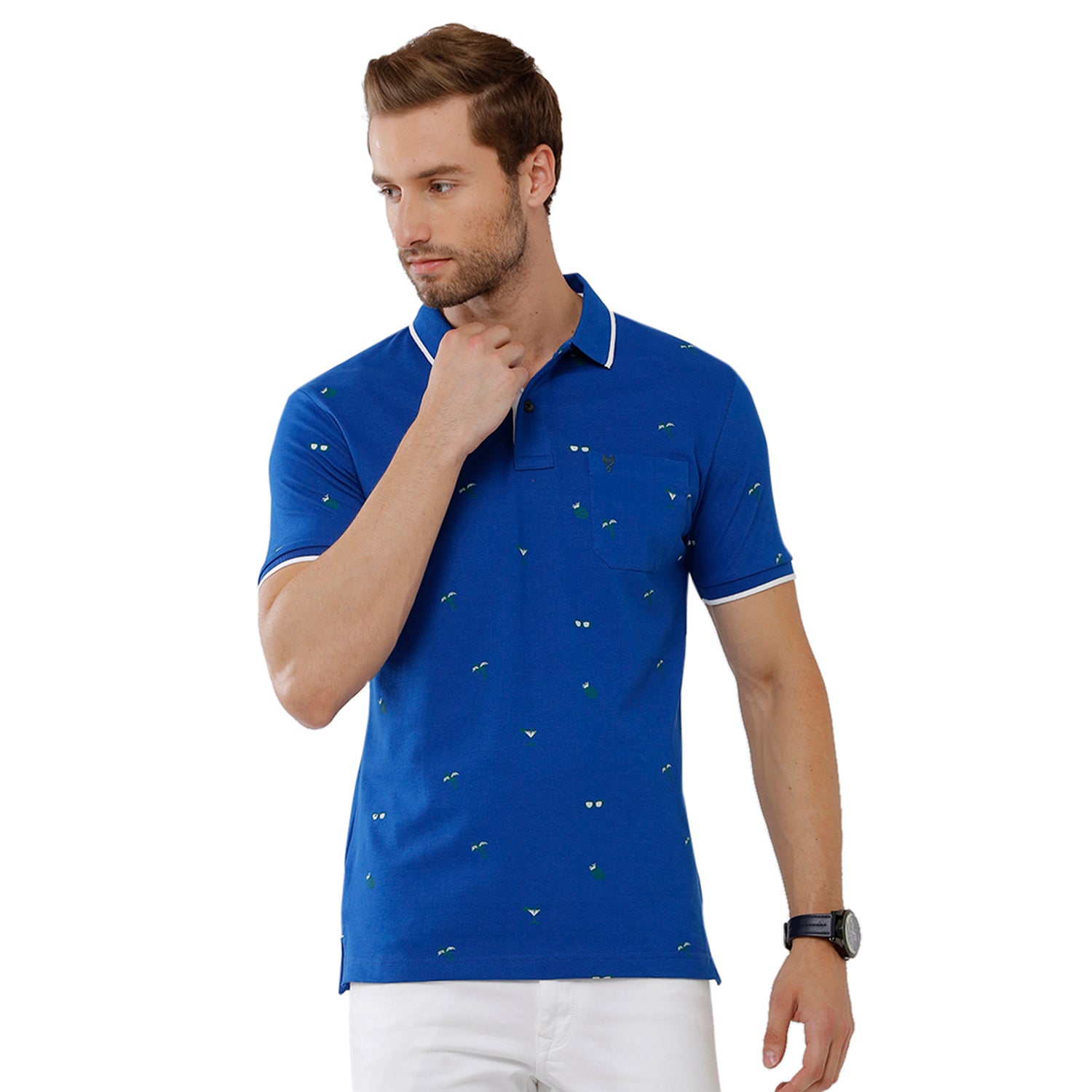 Classic Polo Mens 100% Cotton Printed Slim Fit Dark Blue Color Polo Neck T-Shirt -BEAU 168 B T-shirt Classic Polo 