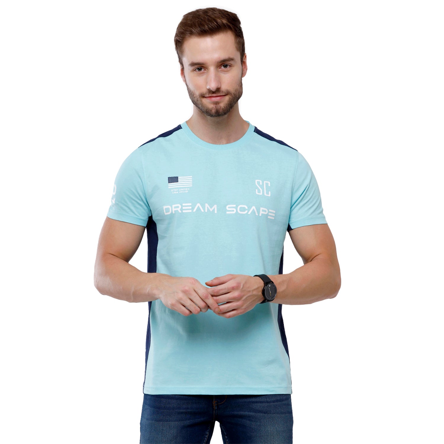 Swiss Club Mens Aqua Chest Print Slim Fit Half Sleeve Round Neck T-Shirt (CUB - 42 B SF C) T-shirt Swiss Club 