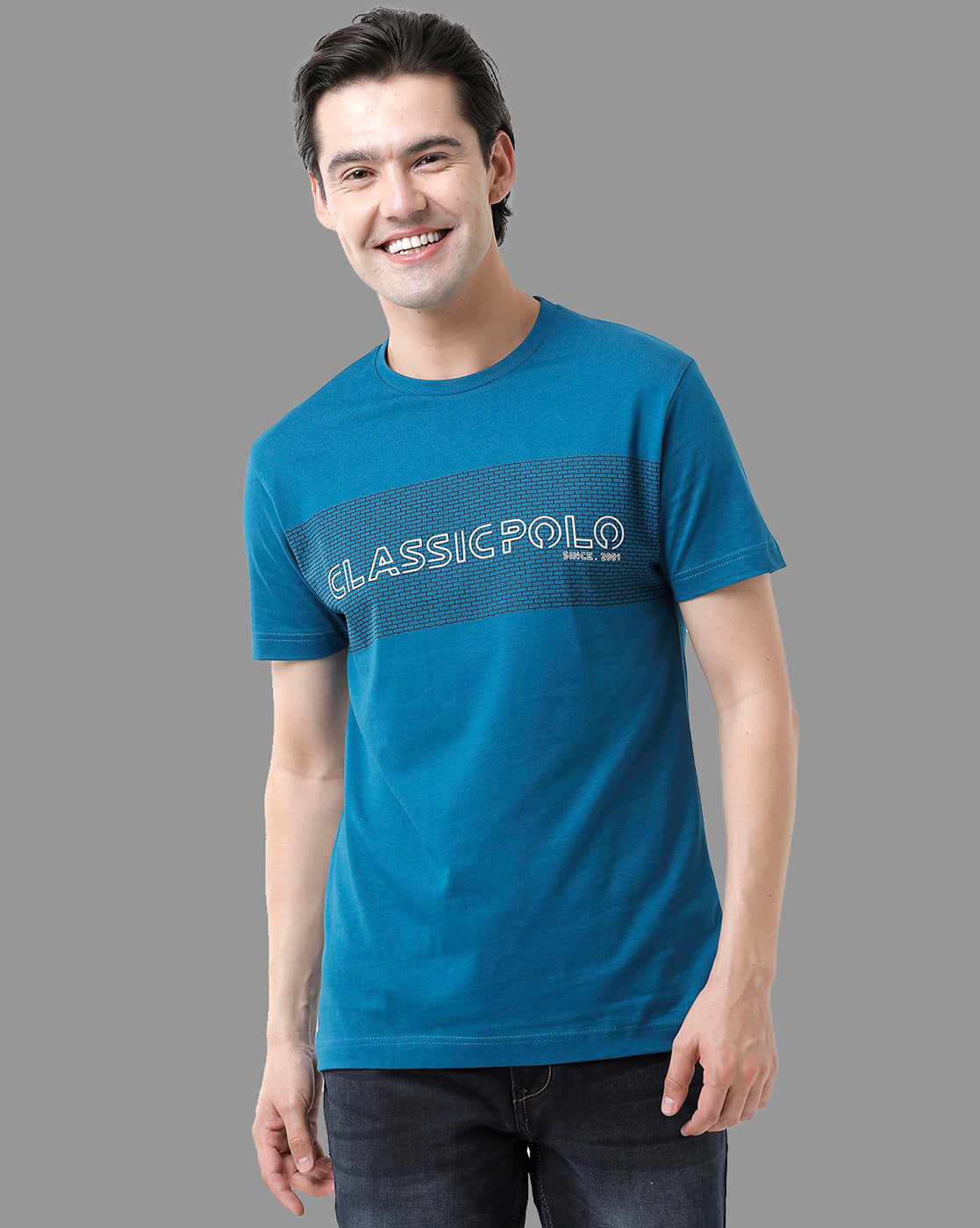 Classic Polo Mens Cotton Half Sleeve Printed Slim Fit Round Neck Blue Color T-Shirt | Baleno - 451 A