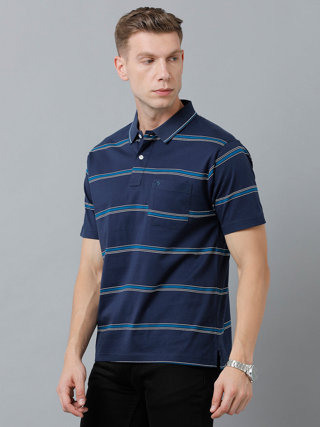 Classic Polo Men's Cotton Half Sleeve Striped Authentic Fit Polo Neck Navy Color T-Shirt | Ap - 90 B