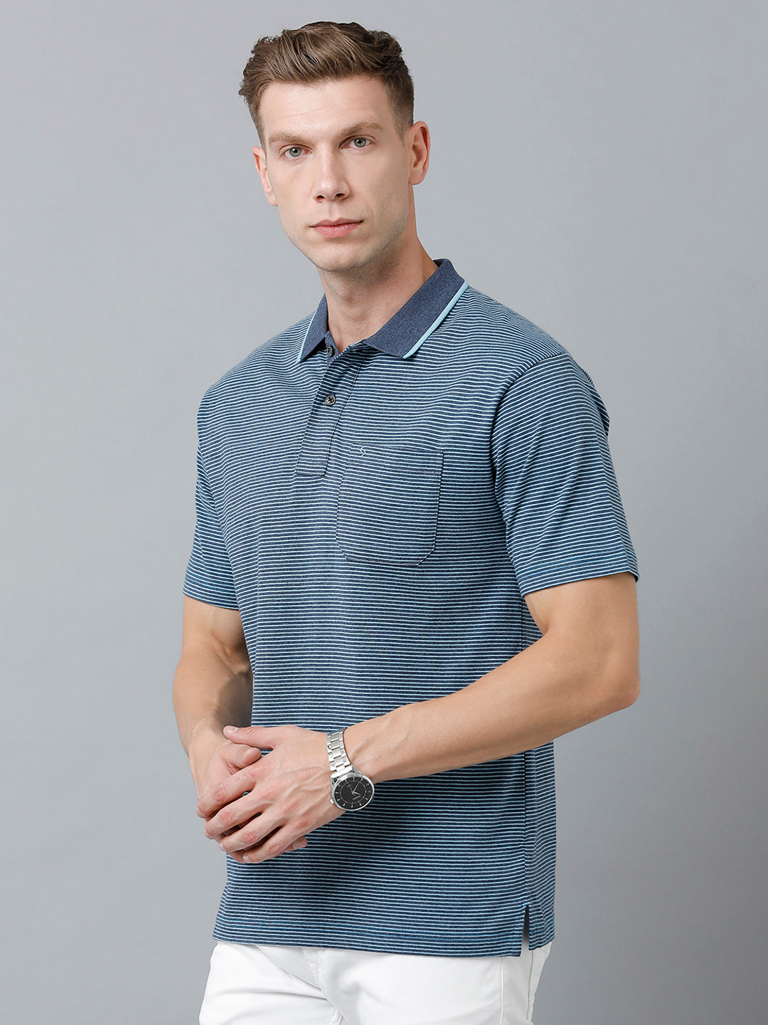 Classic Polo Men's Cotton Half Sleeve Striped Authentic Fit Polo Neck Navy Blue Color T-Shirt | Feeders - 222 A