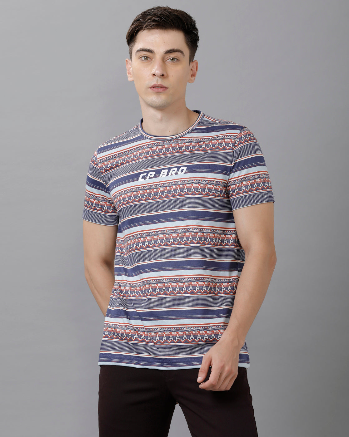CP BRO Men's Cotton Striped Half Sleeve Slim Fit Round Neck Multicolor T-Shirt | Brcn 505