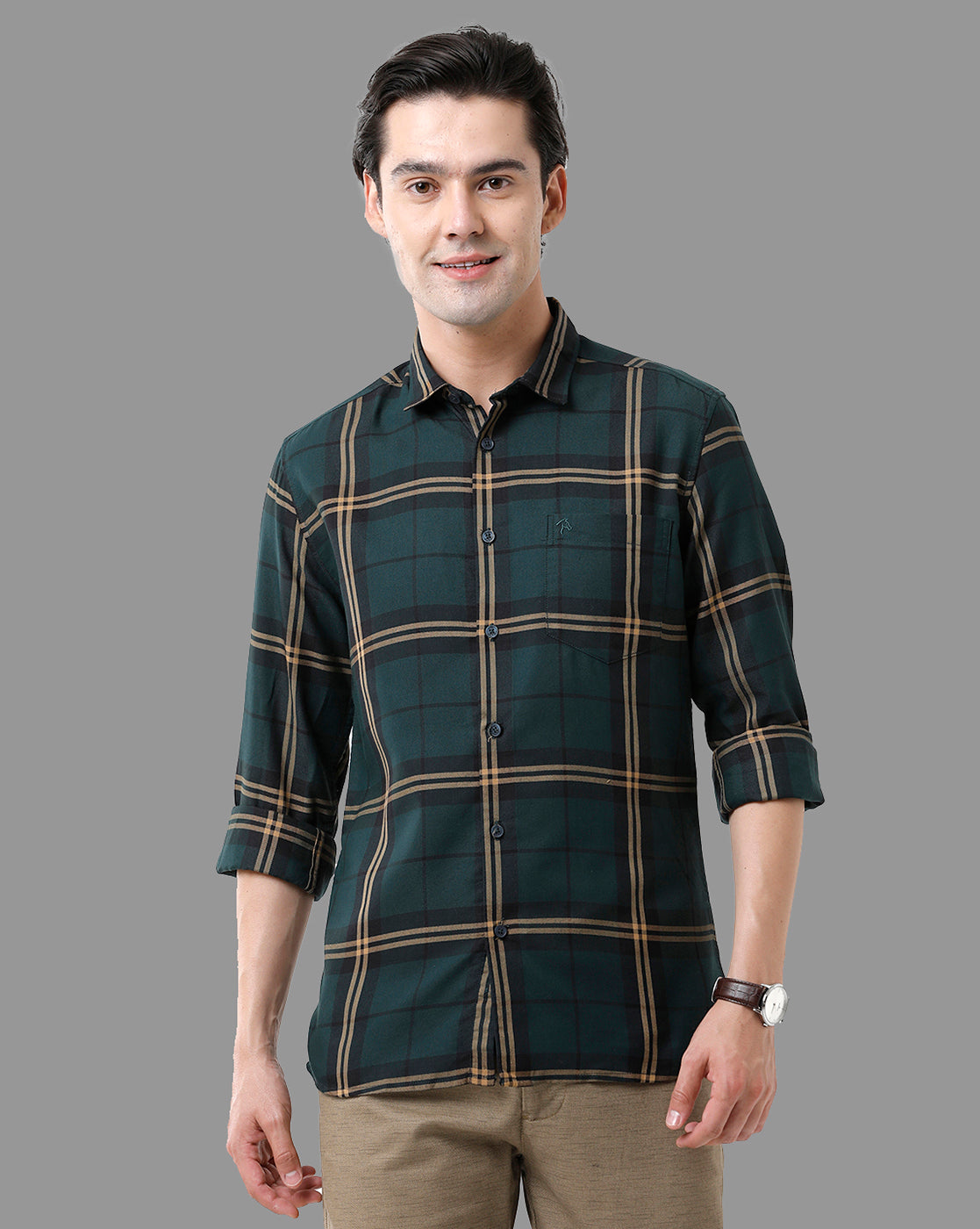 CP BRO Men's Cotton Full Sleeve Checked Slim Fit Polo Neck Green Color
