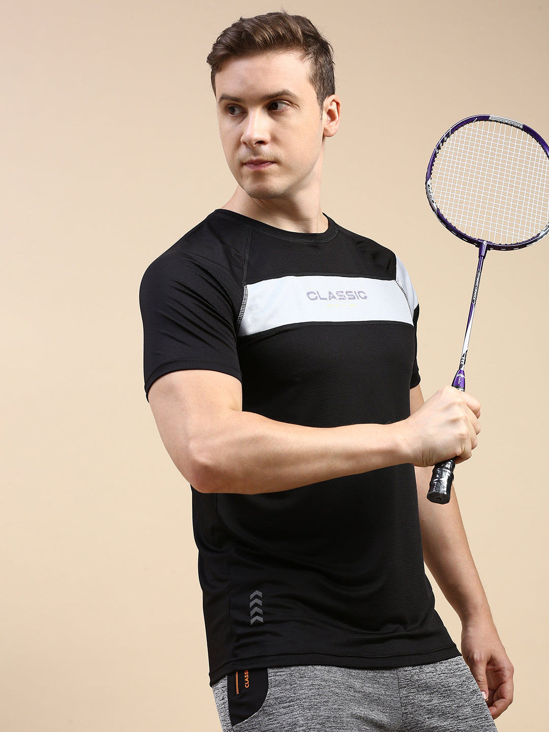 Classic Polo Men's Round Neck Polyster Black/White Slim Fit Active Wear T-Shirt