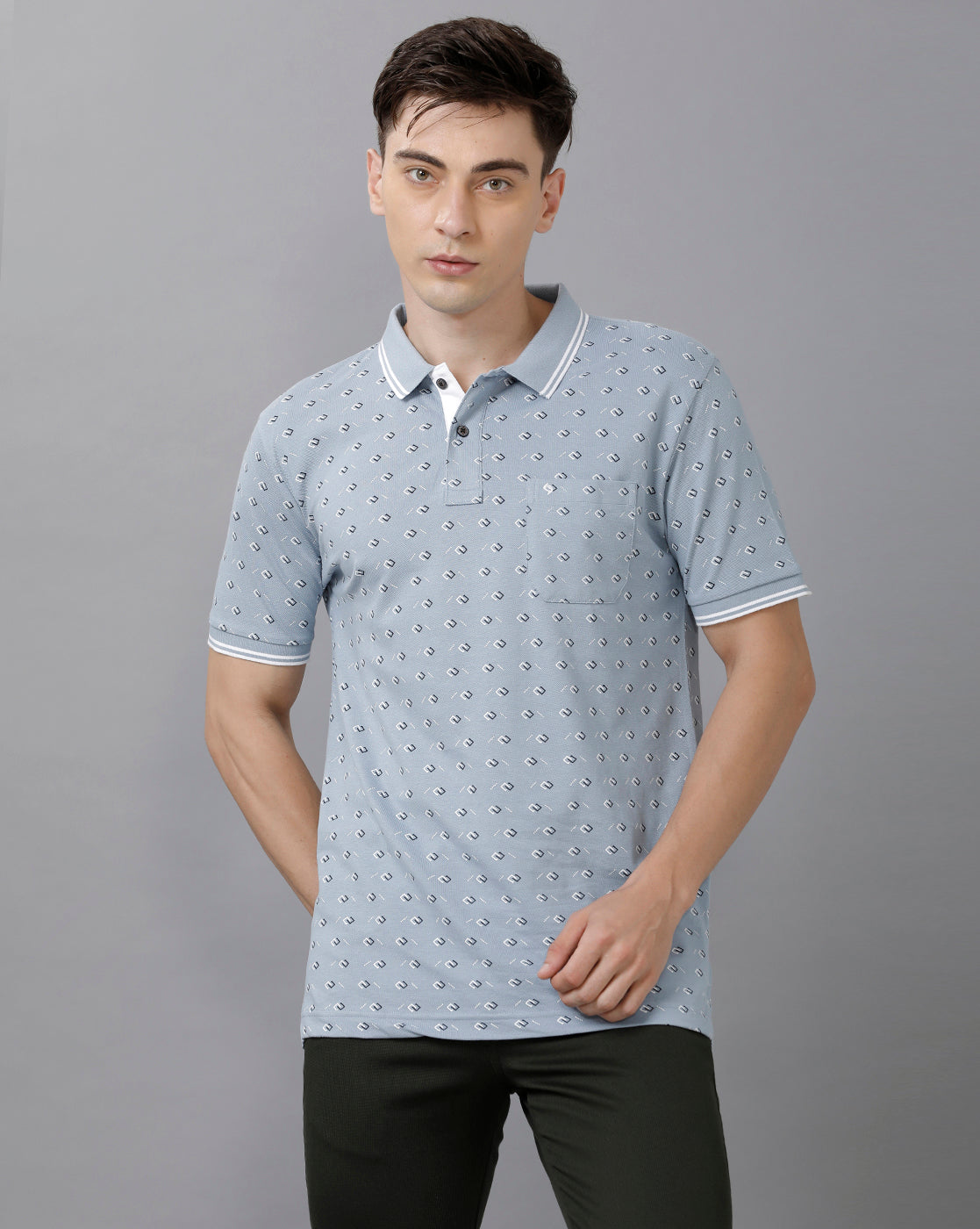 Classic Polo Mens Cotton Printed Half Sleeve Slim Fit Polo Neck Blue Color T-Shirt | Beau 183 B
