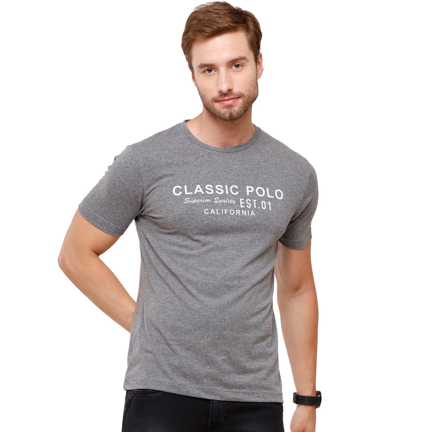 Classic Polo Mens Chest Print Half Sleeve Slim Fit Crew Neck T-Shirt (FLASH-RN-106 SF C) Shirts & Tops Classic Polo 