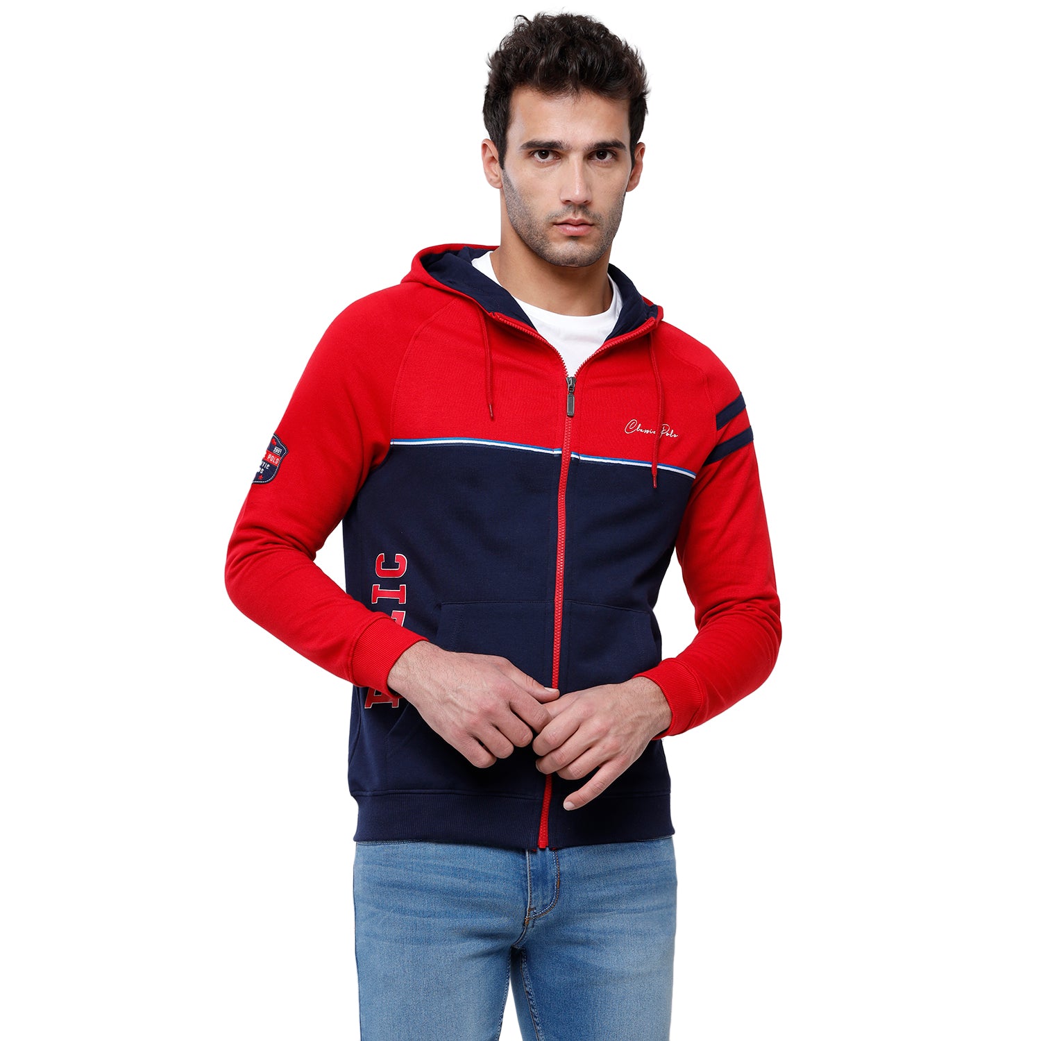 Classic Polo Men's Color Block Full Sleeve Red & Navy Hood Sweat Shirt - CPSS-330B Sweat Shirts Classic Polo 