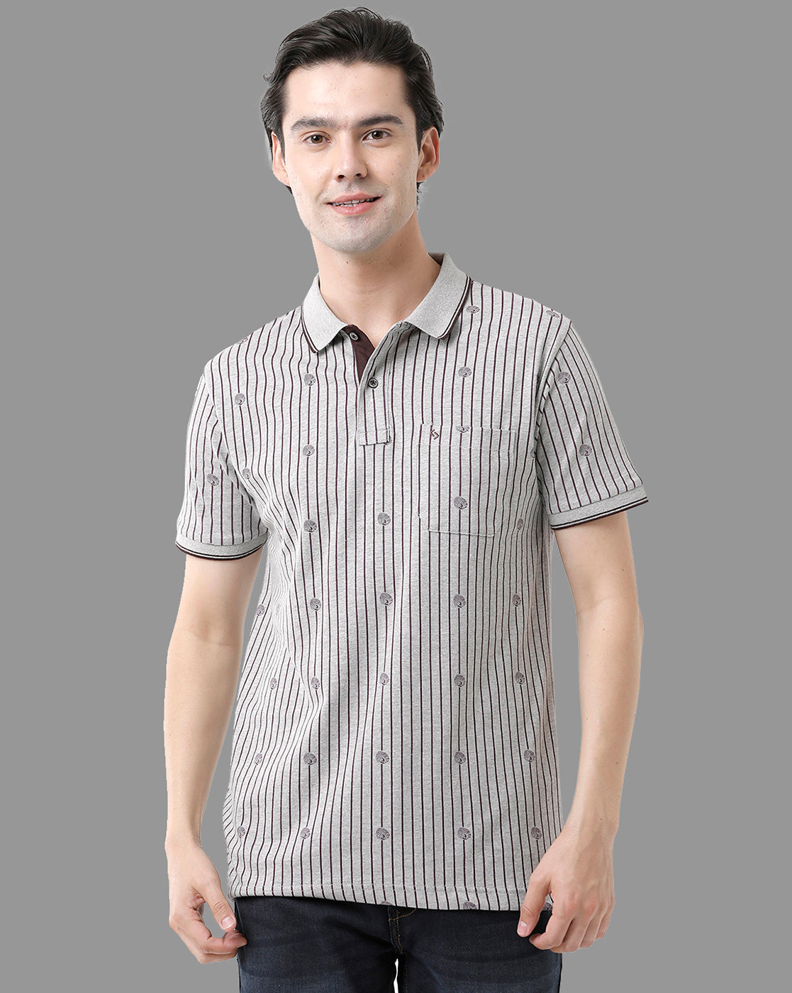 Classic Polo Mens Cotton Half Sleeve Printed Slim Fit Polo Neck Grey Color T-Shirt | Bello - 176 A