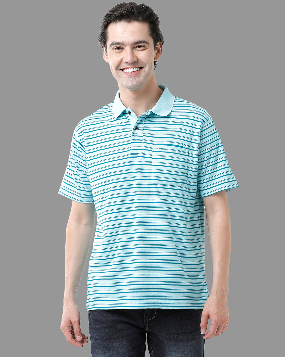 Classic Polo Mens Cotton Half Sleeve Striped Authentic Fit Polo Neck Sky Blue Color T-Shirt | Feeders - 207 A