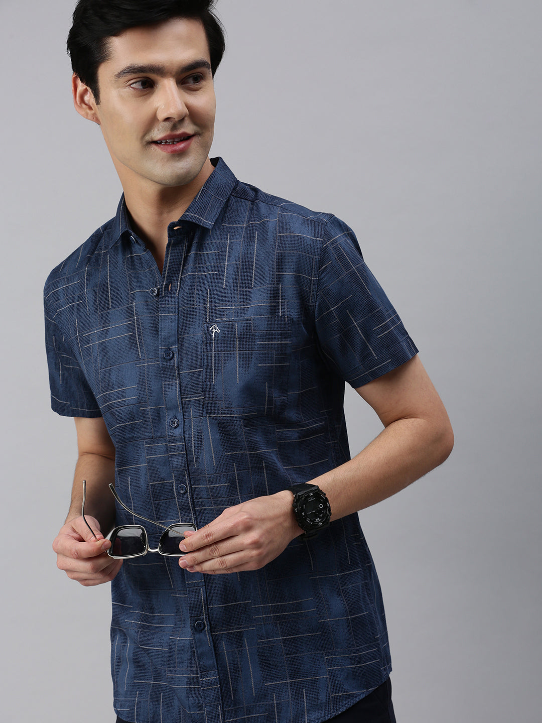 CP BRO Men's Cotton Half Sleeve Printed Slim Fit Collar Neck Navy Blue Color Woven Shirt | Sbo1-09 A