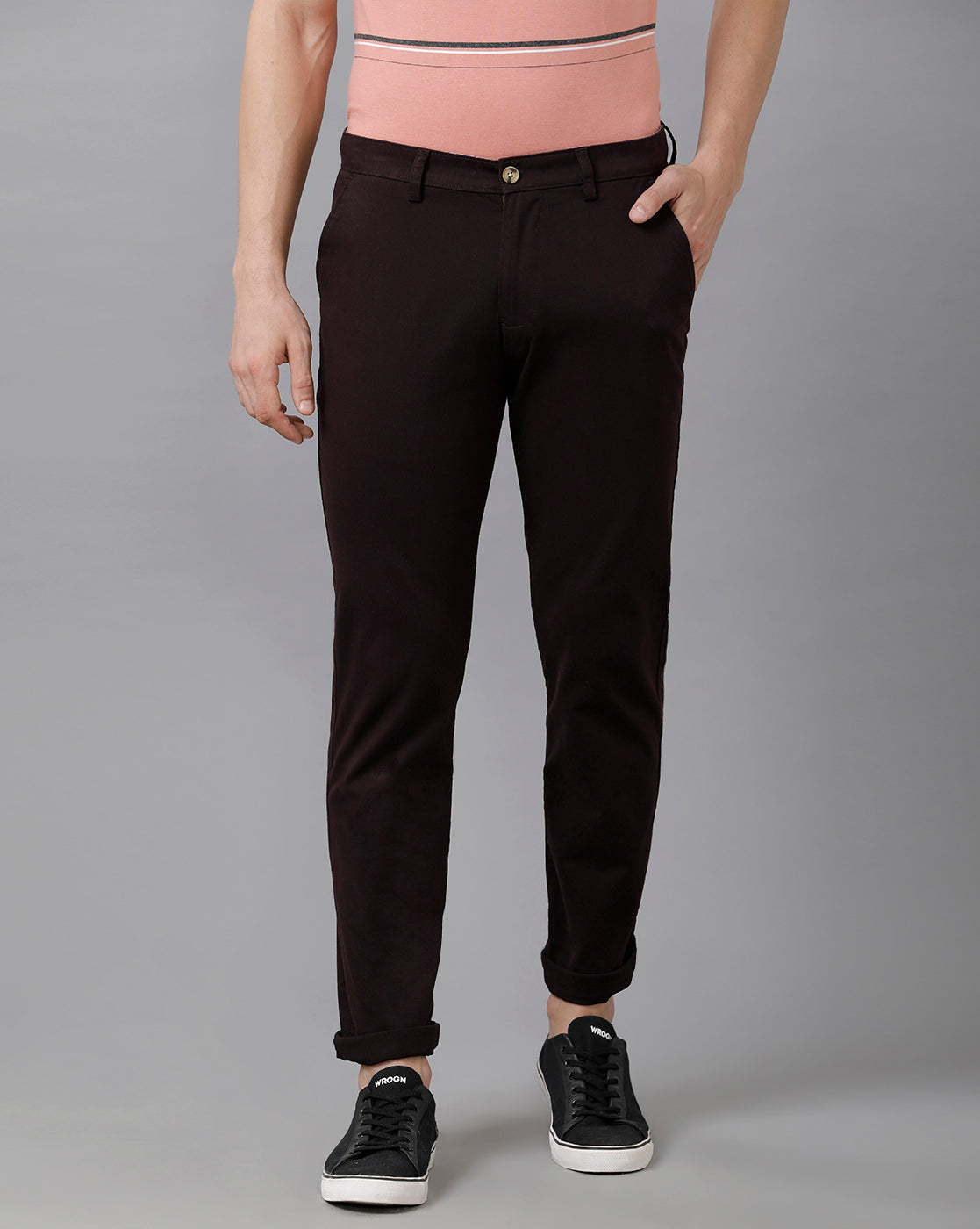 CP BRO Men's Cotton Solid Slim Fit Wine Color Trousers | Tbn2 19 D