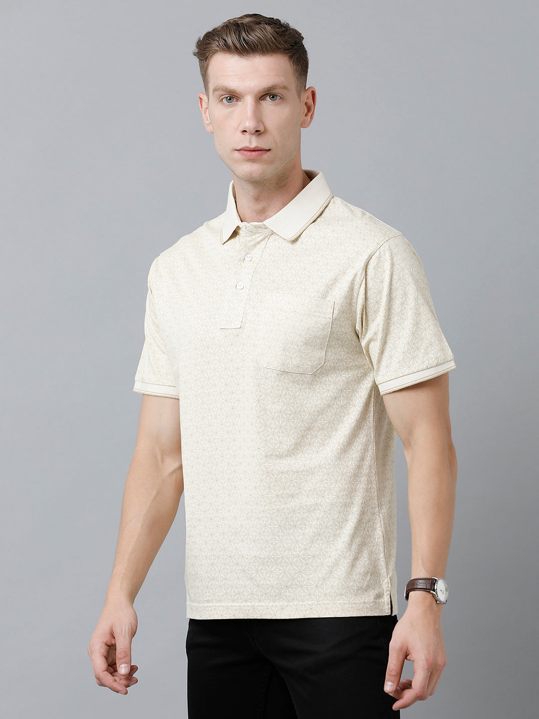 Classic Polo Men's Cotton Half Sleeve Printed Authentic Fit Polo Neck Cream Color T-Shirt | Carve Polo - 02 B