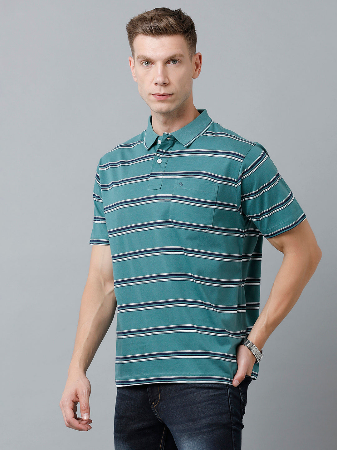Classic Polo Men's Cotton Half Sleeve Striped Authentic Fit Polo Neck Green Color T-Shirt | Ap - 82 B