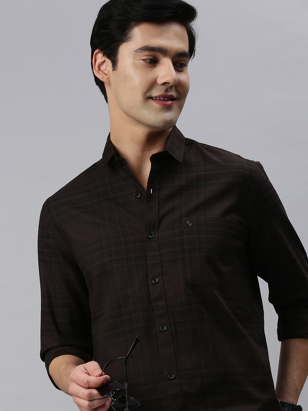 Classic Polo Men's Cotton Full Sleeve Checked Slim Fit Polo Neck Brown Color Woven Shirt | So1-99 A