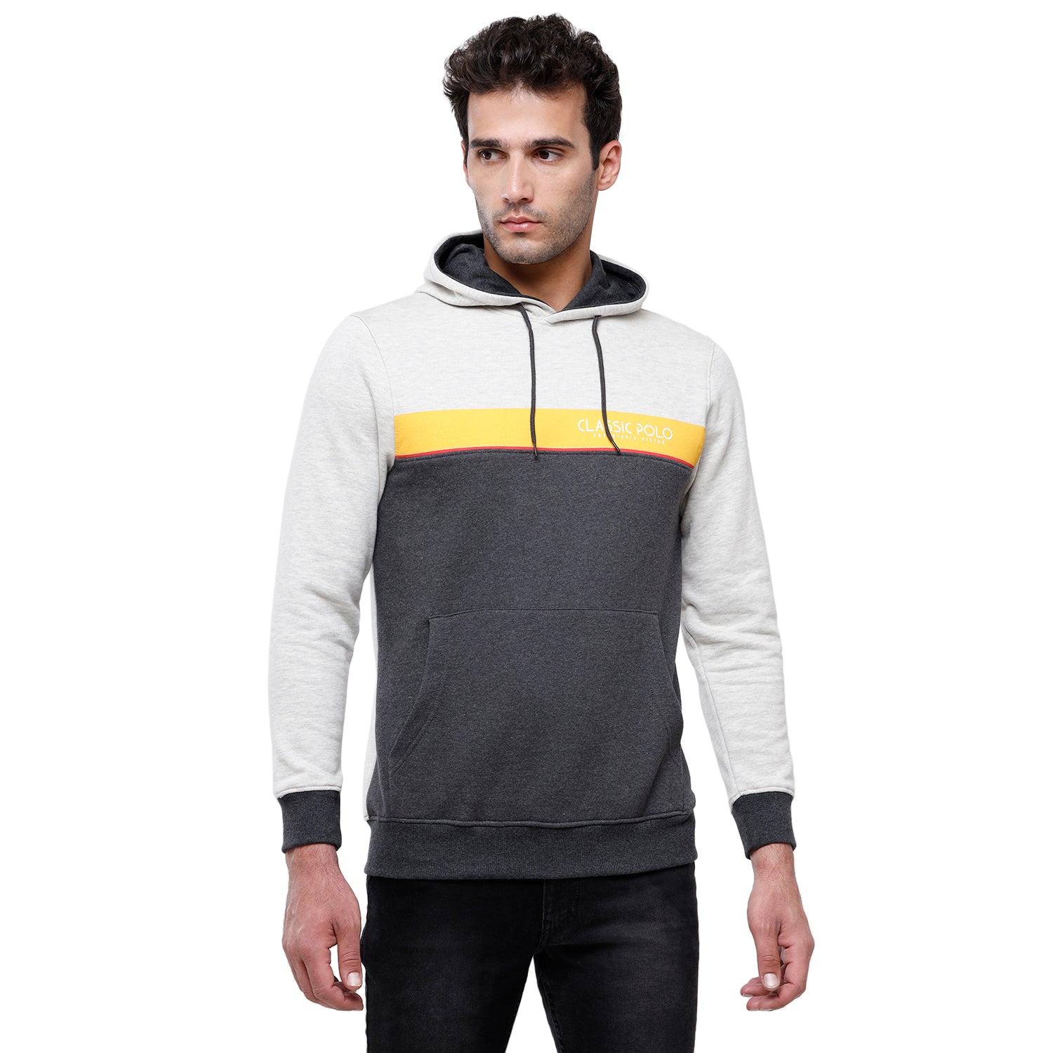 Classic Polo Men's Grey Color Block Full Sleeve Hoodie Sweat Shirt - CPSS - 334B Sweat Shirts Classic Polo 