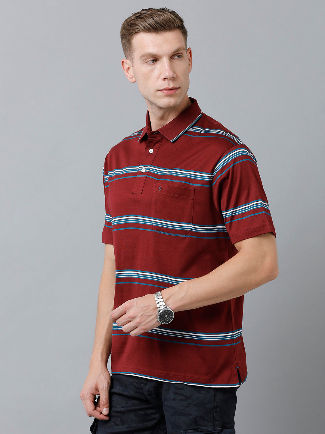 Classic Polo Men's Cotton Half Sleeve Striped Authentic Fit Polo Neck Maroon Color T-Shirt | Ultimo - 306 A