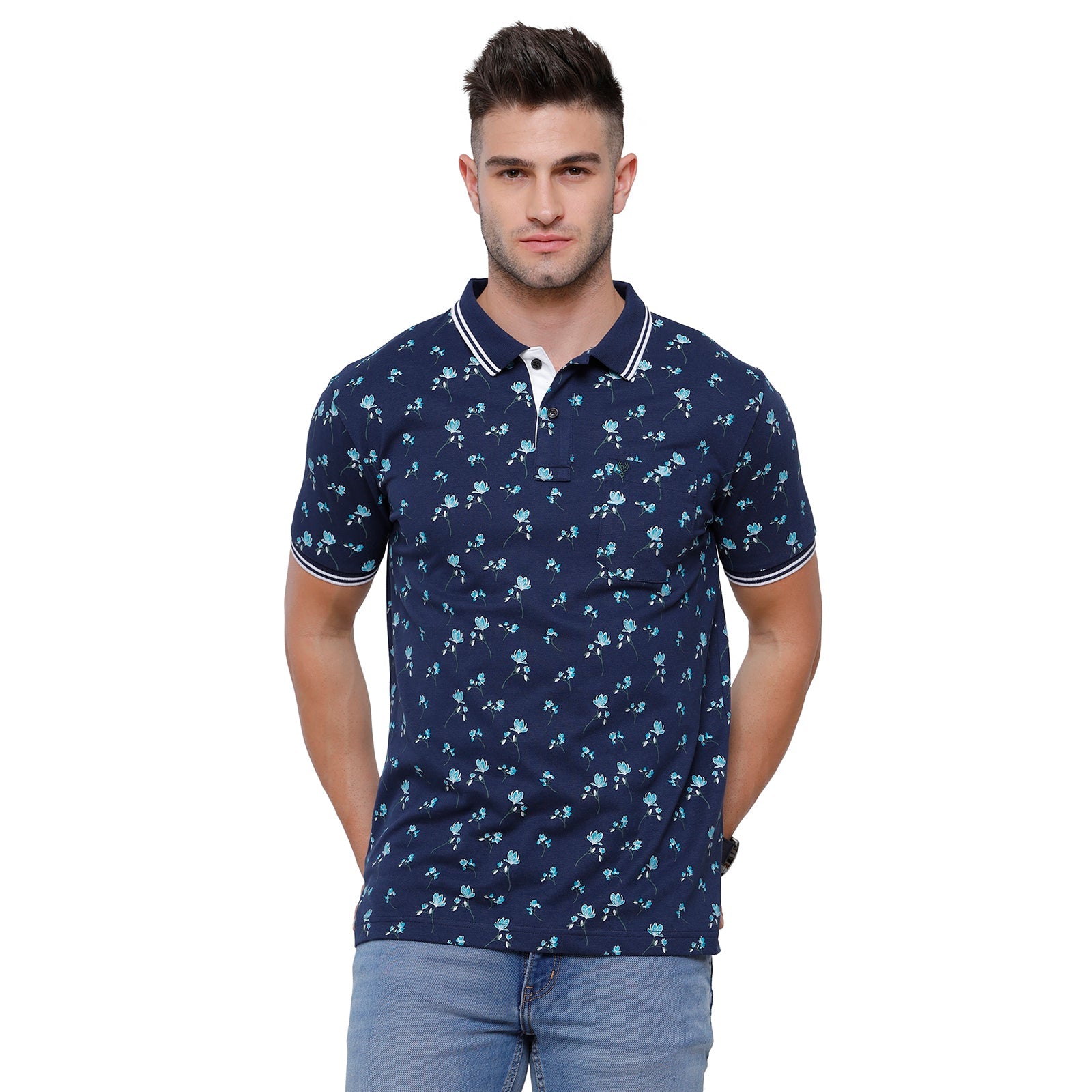 Classic Polo Mens Printed Slim Fit Polo Neck Navy Colour T-Shirt - Beau 166 B T-shirt Classic Polo 