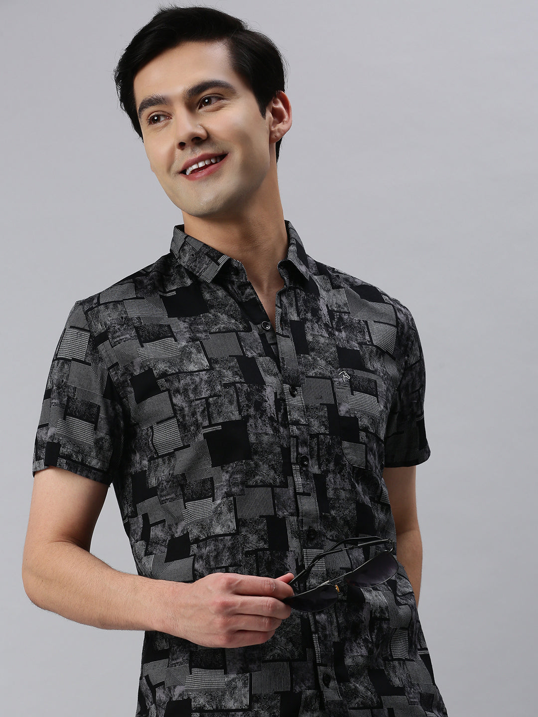 CP BRO Men's Cotton Half Sleeve Printed Slim Fit Collar Neck Black Color Woven Shirt | Sbo1-11 B