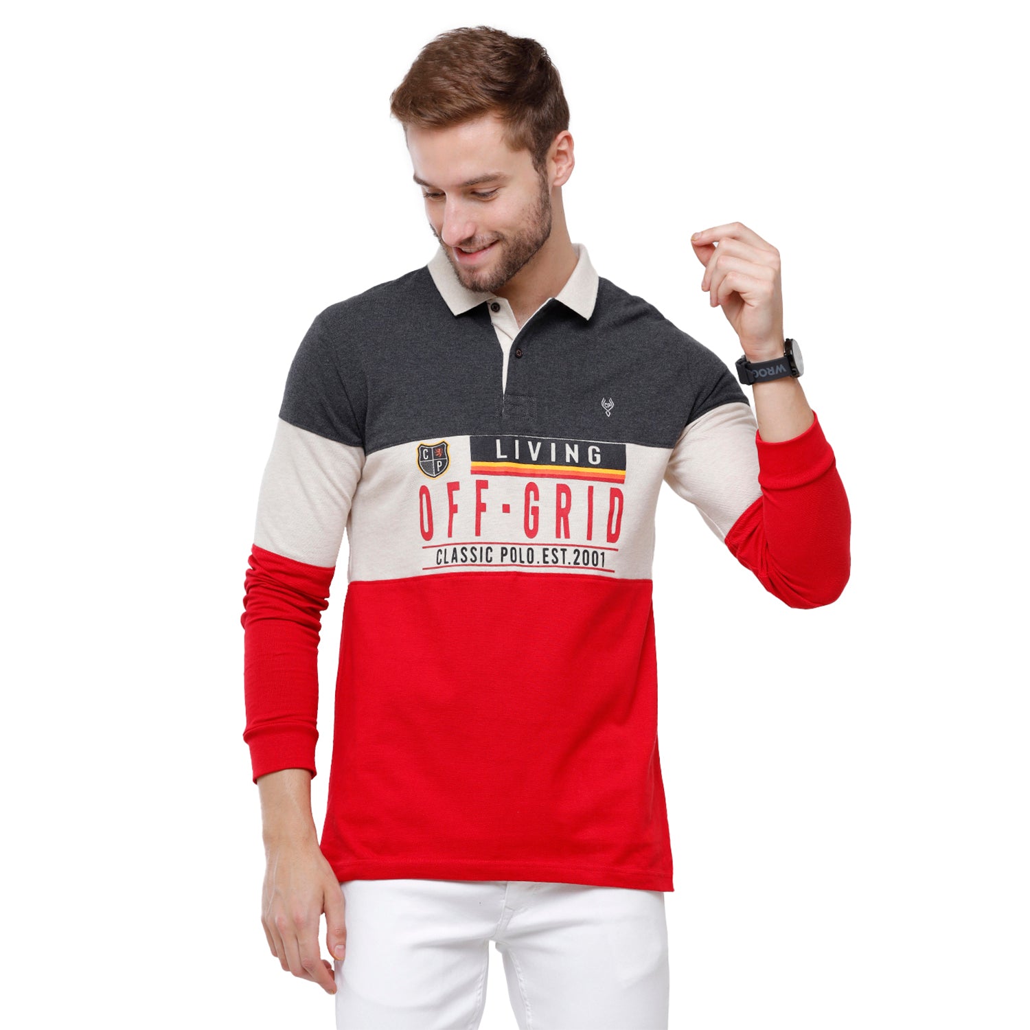 Classic Polo Men's Red & Grey Polo Full Sleeve Slim Fit T-Shirt -VERNO - 256 A T-shirt Classic Polo 