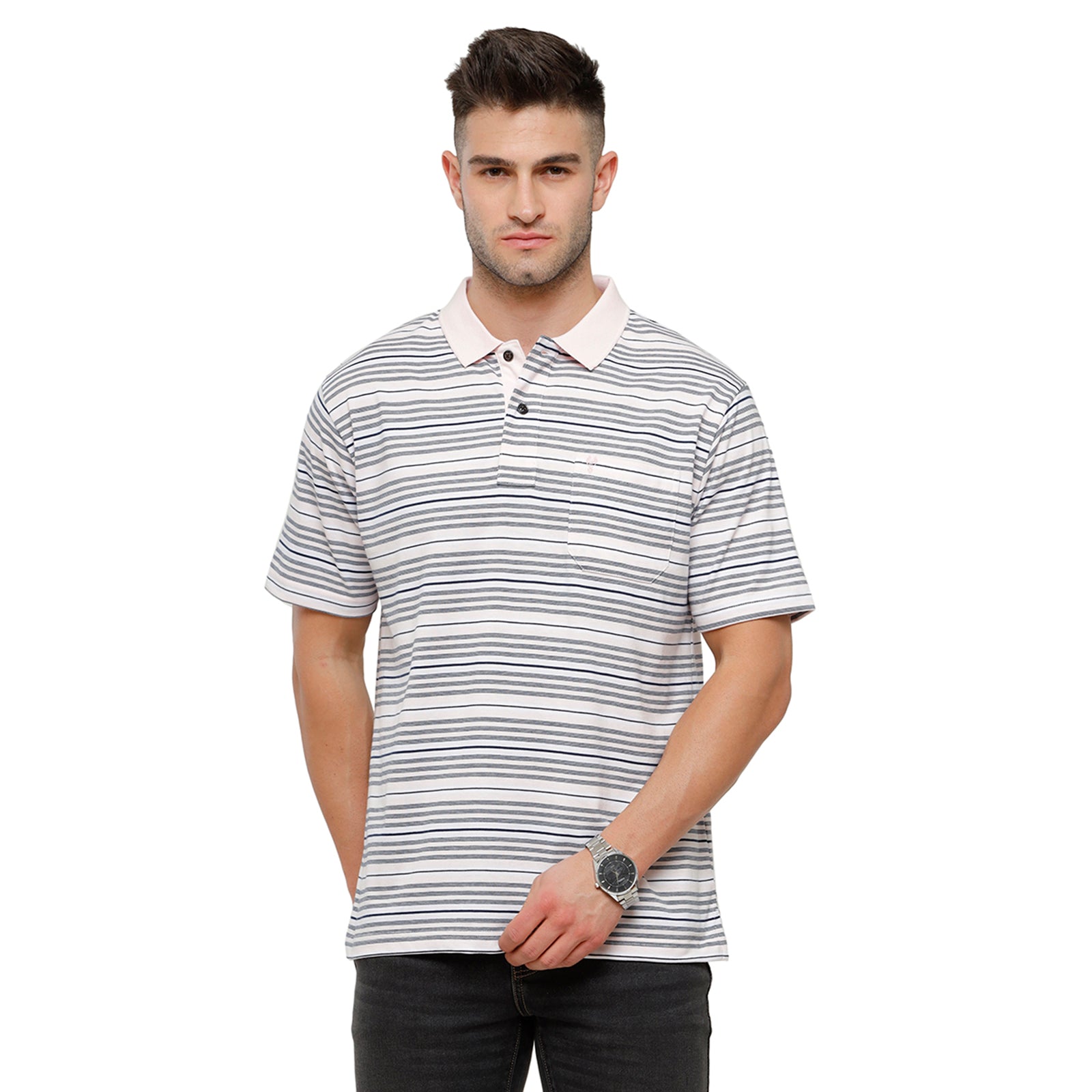 Classic Polo Mens Grey Stripes Half Sleeve Authentic Fit T-Shirt AVON - 473 B T-shirt Classic Polo 