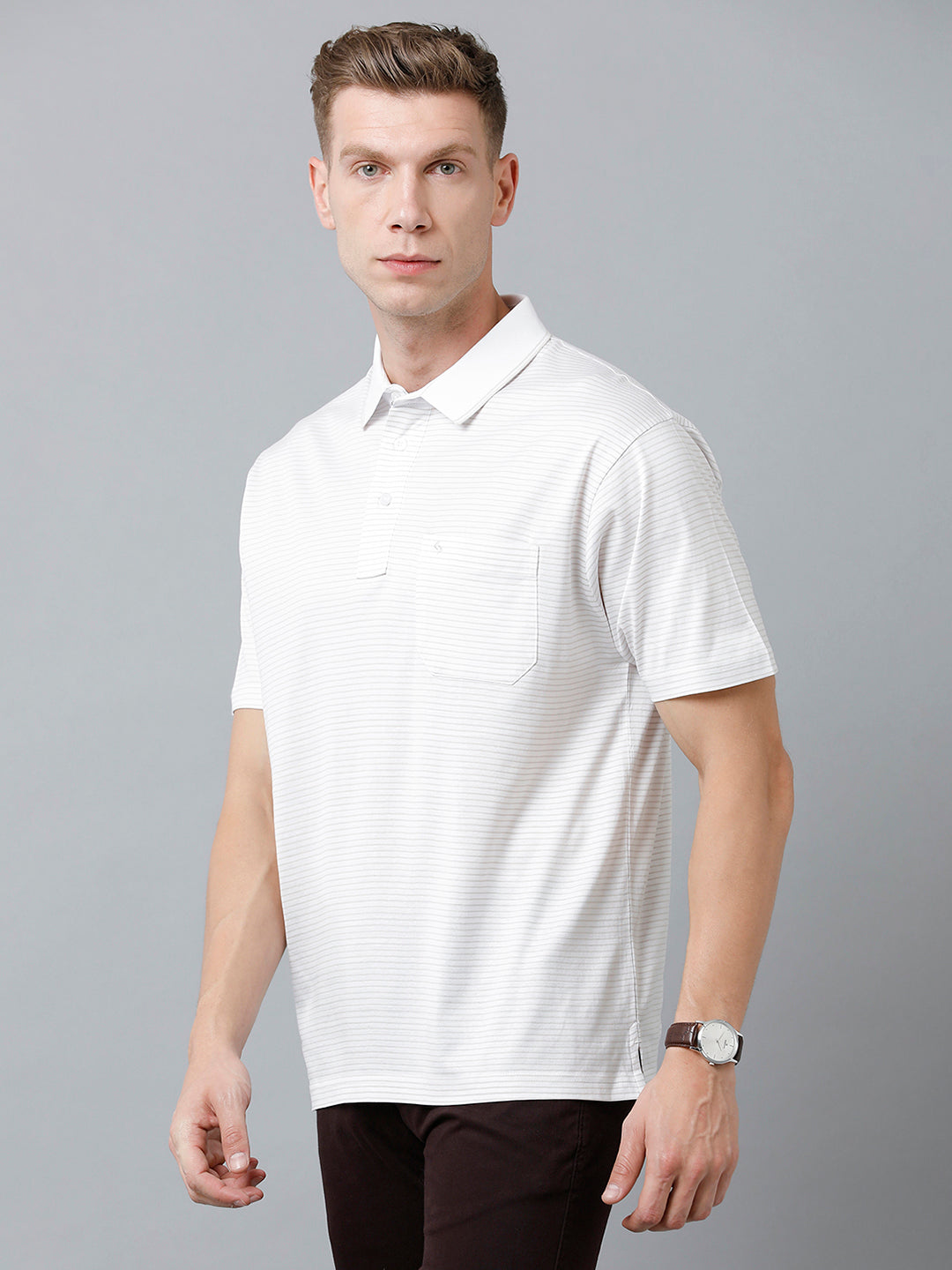 Classic Polo Men's Cotton Half Sleeve Striped Authentic Fit Polo Neck White Color T-Shirt | Ultimo - 316 A