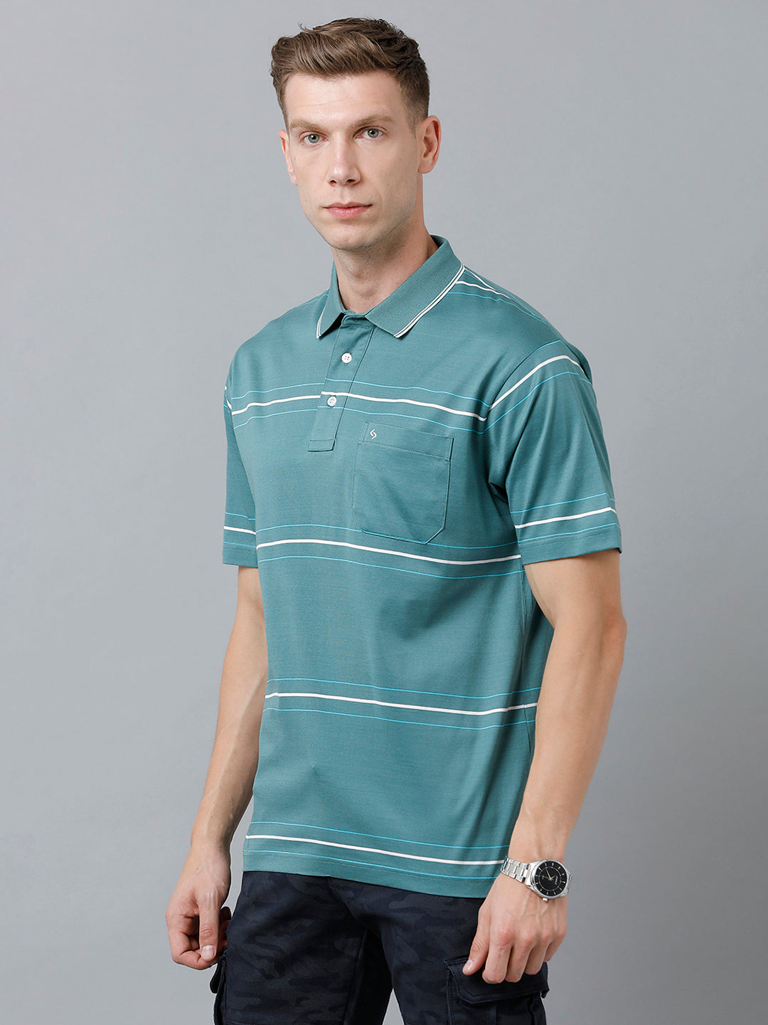 Classic Polo Men's Cotton Half Sleeve Striped Authentic Fit Polo Neck Green Color T-Shirt | Ultimo - 319 A