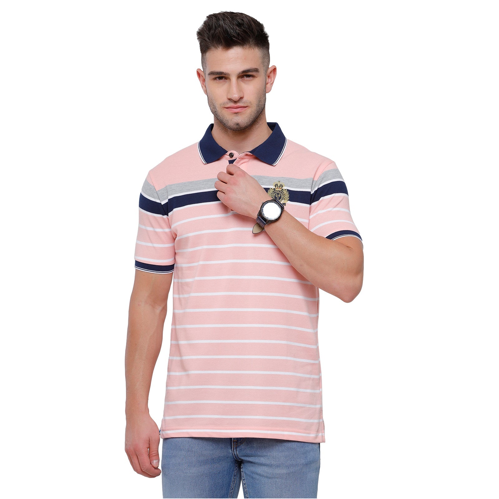 Classic Polo Mens Pink Stripped Slim Fit Polo Neck T-Shirt - VTA 190B T-shirt Classic Polo 