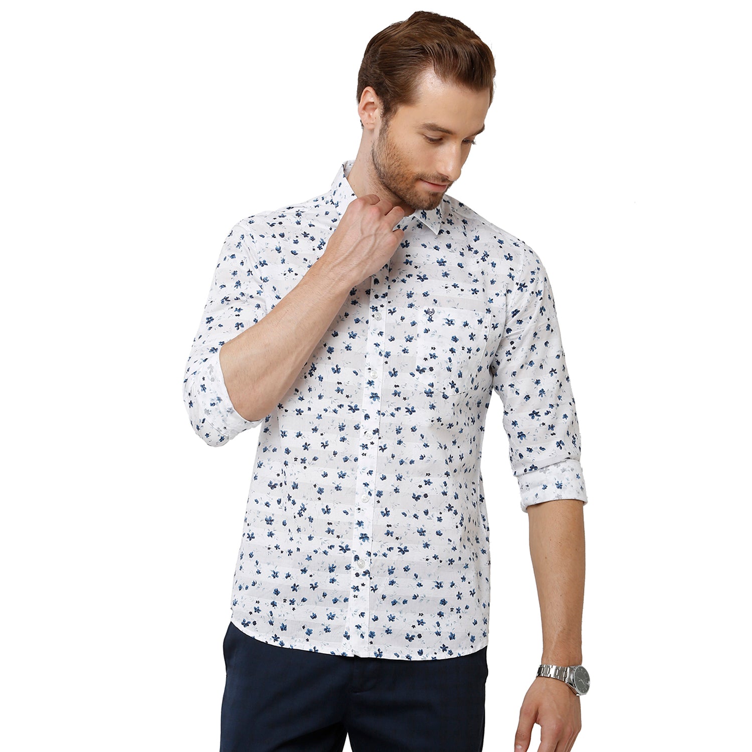 Classic Polo Mens 100% Cotton Full Sleeve Printed Slim Fit White Color Woven Shirt -SN1-86 B Shirts Classic Polo 
