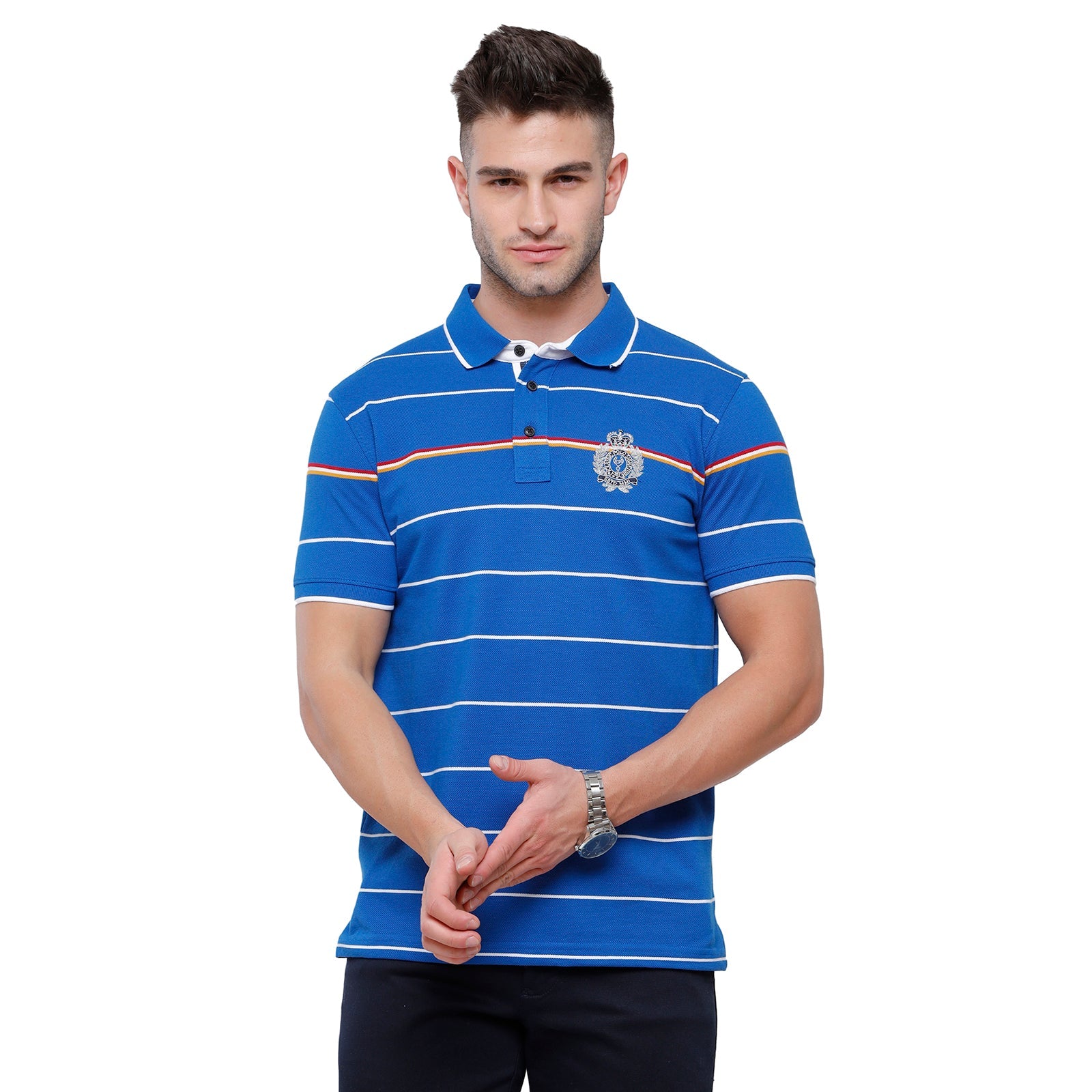Classic Polo Mens Royal Blue Stripped Half Sleeve Slim Fit Polo Neck T-Shirt - Vta 184B T-shirt Classic Polo 