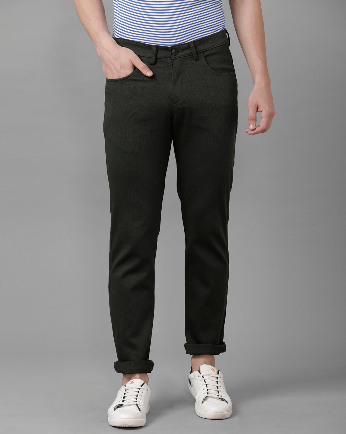 CP BRO Men's Cotton Solid Slim Fit Olive Color Trousers | Tbn2 14 C