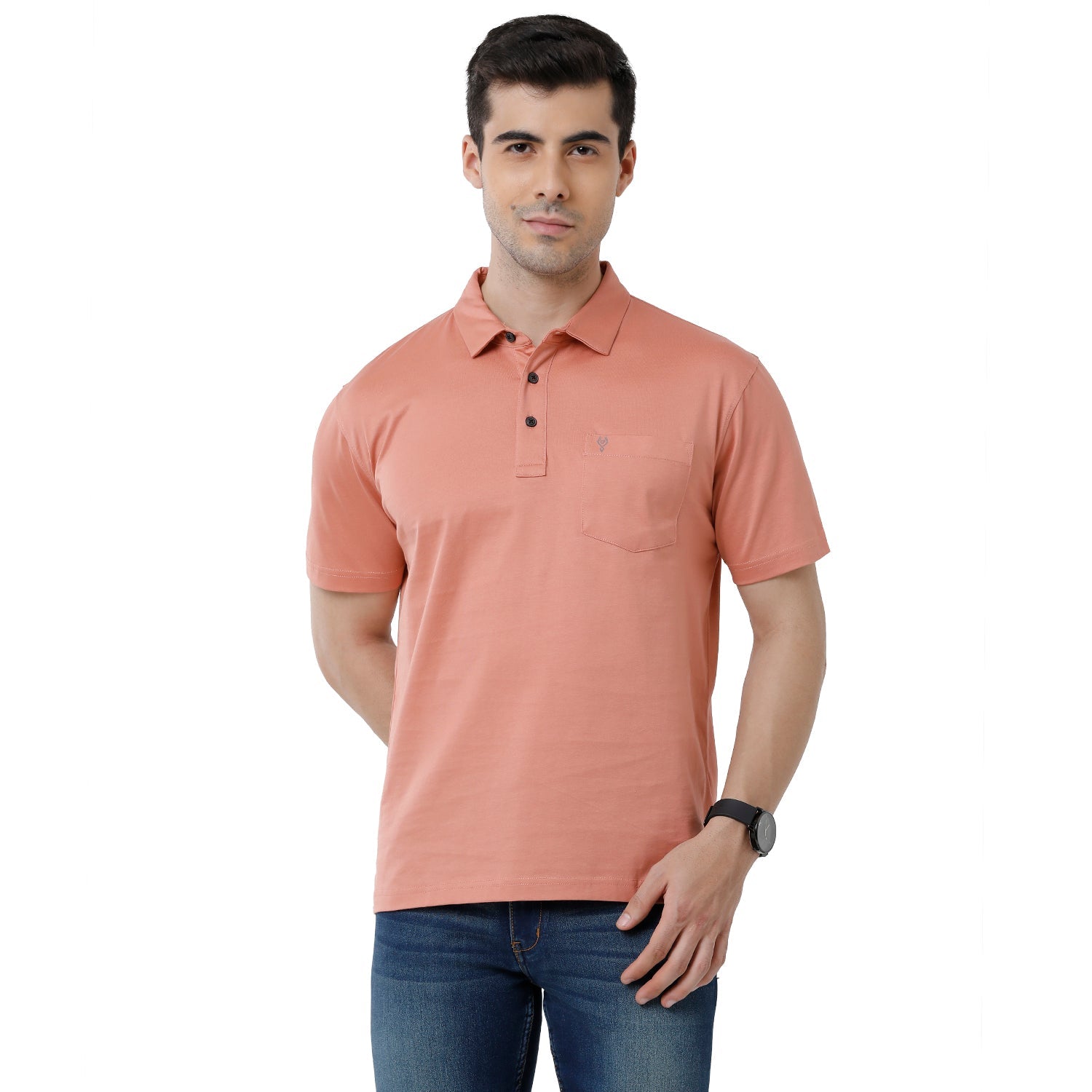 Classic Polo Mens Solid Authentic Fit Polo Neck Peach Color T-Shirt - Elite Peach T-shirt Classic Polo 
