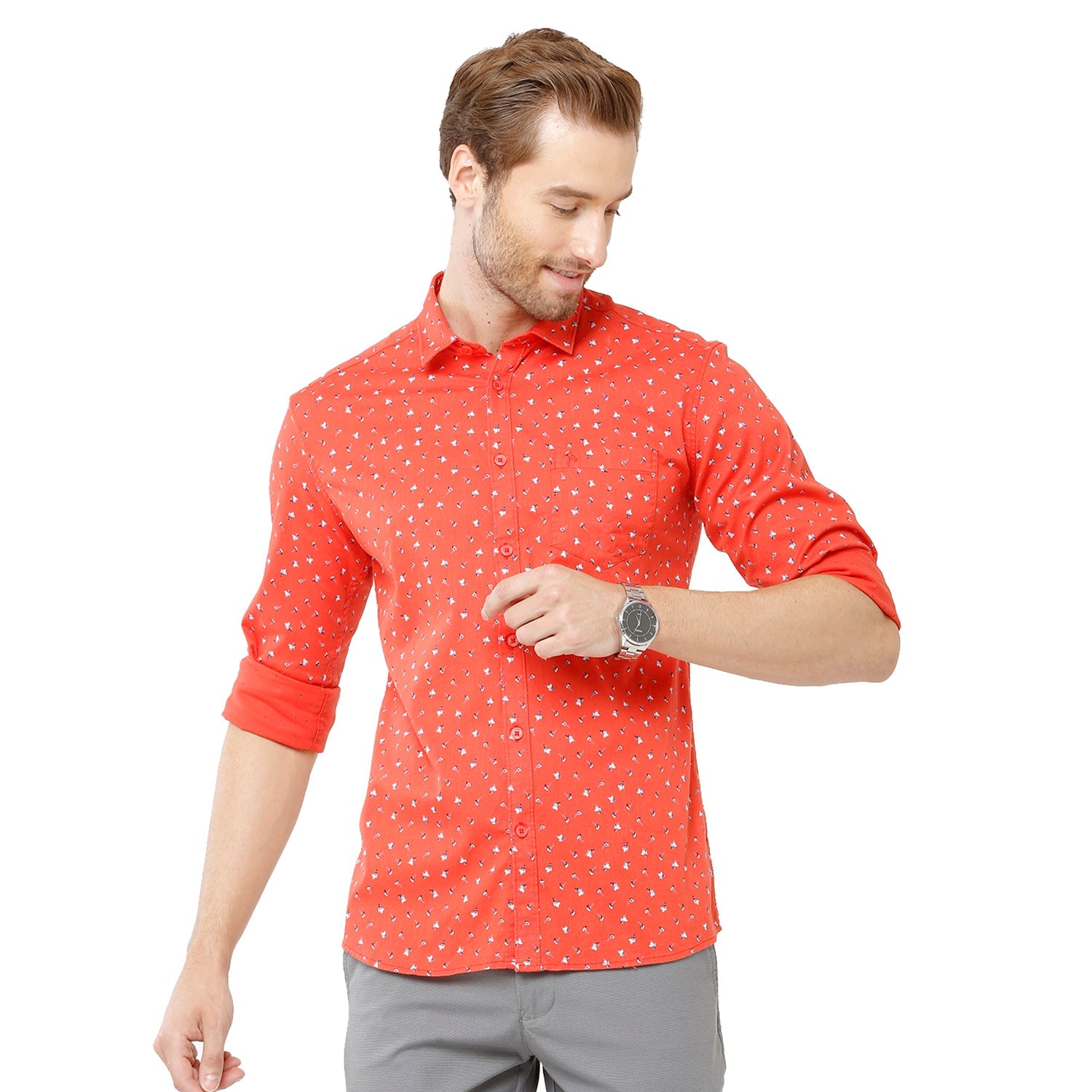 Classic Polo Bro Mens 100% Cotton Printed Full Sleeve Slim Fit Polo Neck Orange Color Woven Shirt (SBN1-72 A-FS-PRT-BSL) Classic Polo 