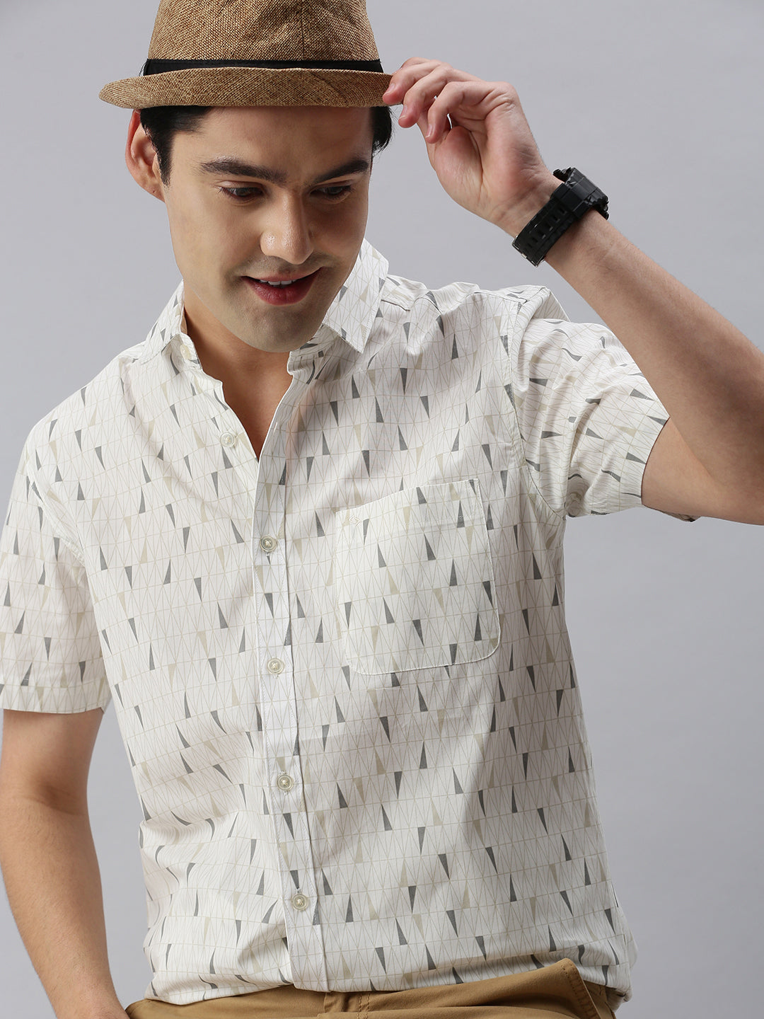 Classic Polo Men's Cotton Half Sleeve Printed Slim Fit Collar Neck White Color Woven Shirt | So1-150 A