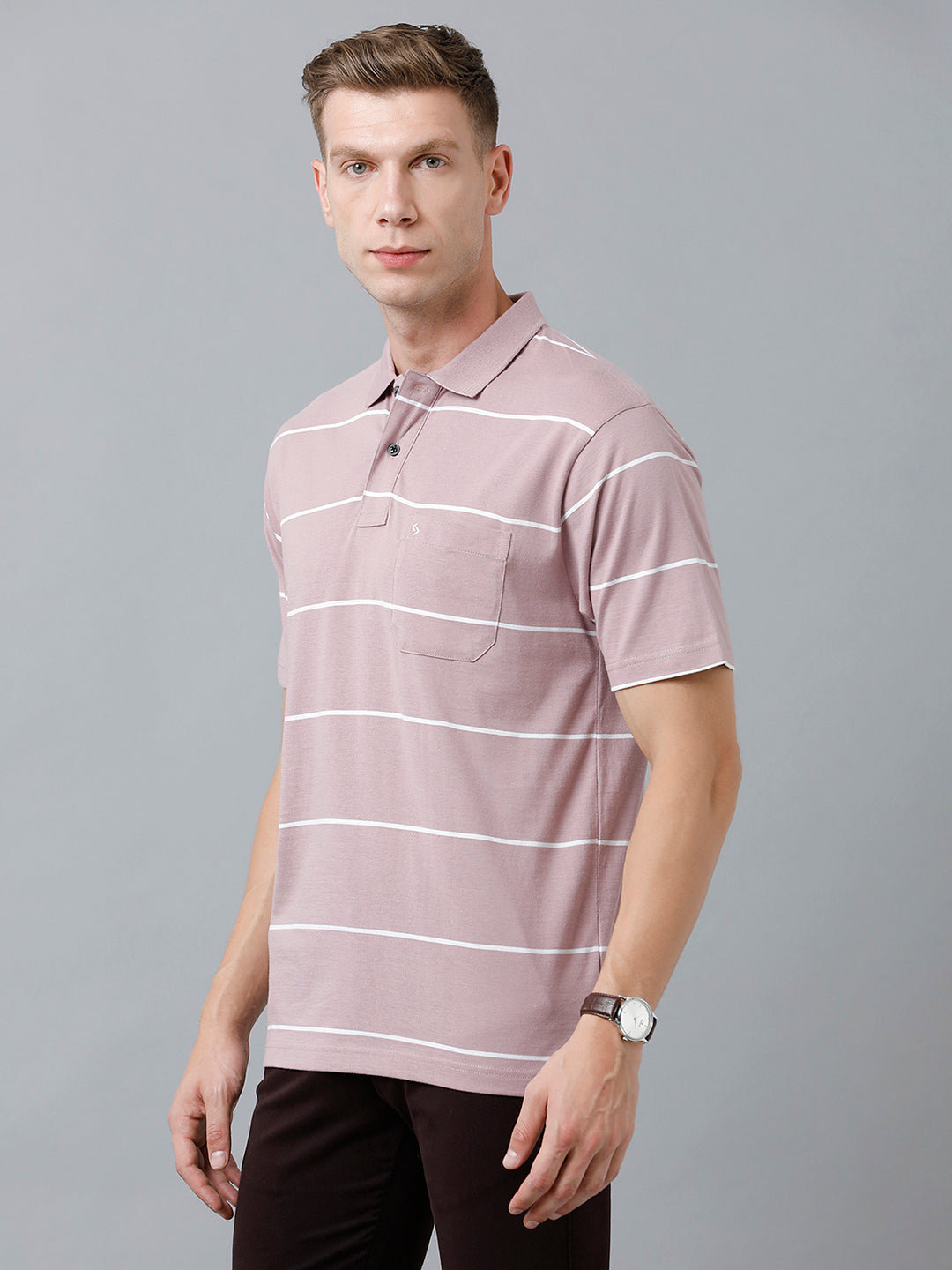 Classic Polo Men's Cotton Blend Half Sleeve Striped Authentic Fit Polo Neck Grape Violet Color T-Shirt | Avon - 518 B
