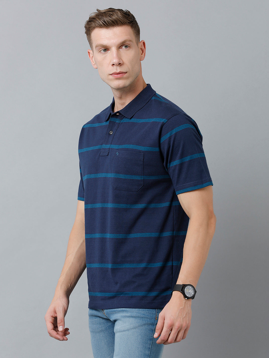 Classic Polo Men's Cotton Blend Half Sleeve Striped Authentic Fit Polo Neck Navy Color T-Shirt | Avon - 530 A