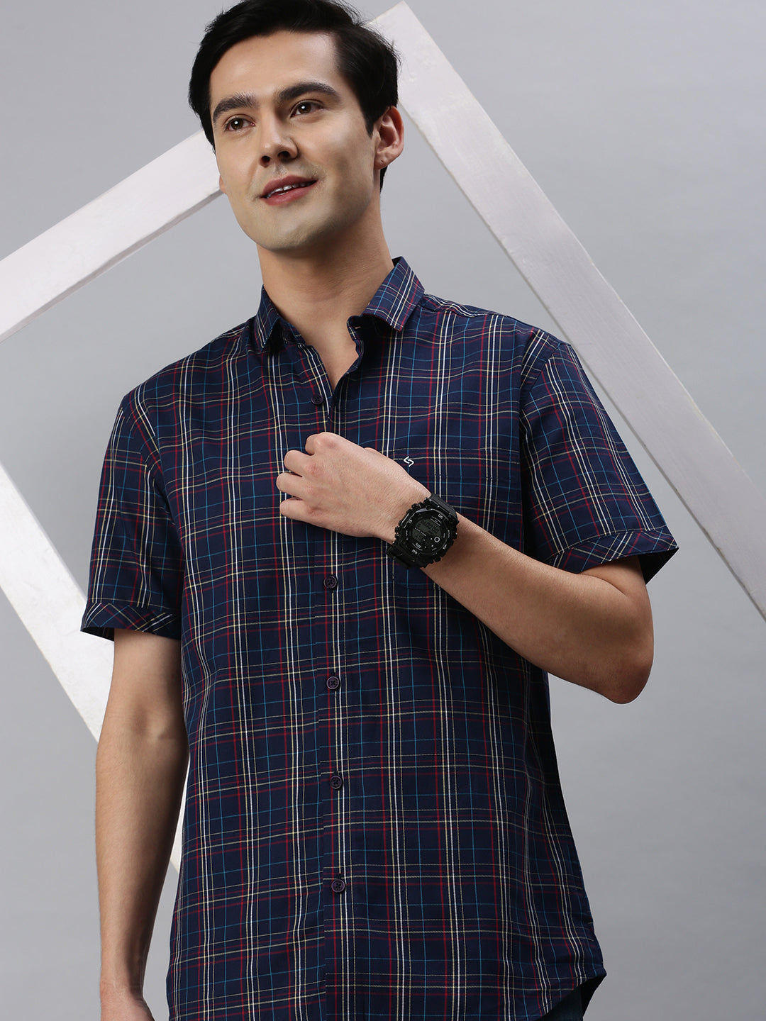Classic Polo Men's Cotton Half Sleeve Checked Slim Fit Collar Neck Navy Blue Color Woven Shirt | So1-97 B