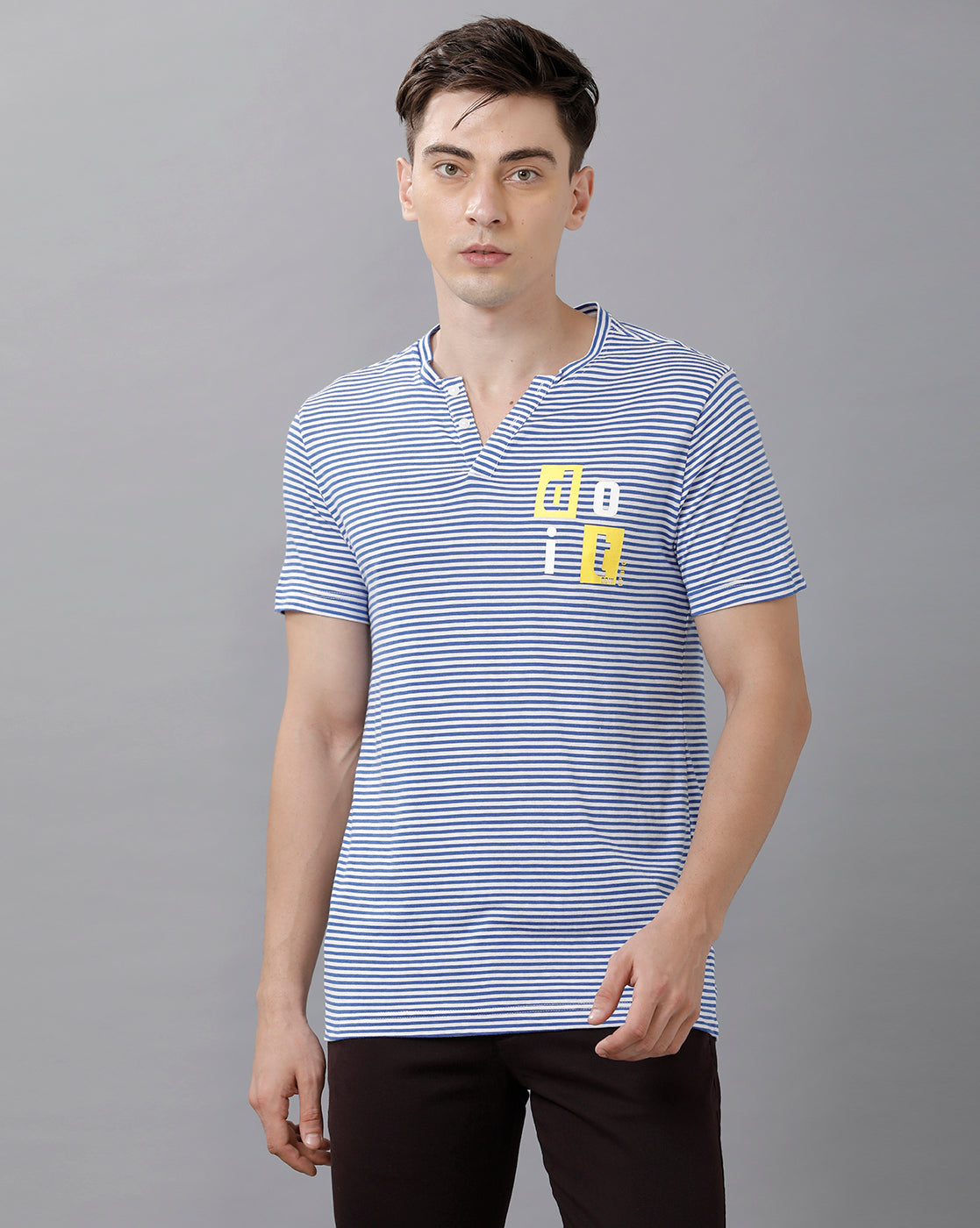 CP BRO Men's Cotton Striped Half Sleeve Slim Fit Y Neck Blue Color T-Shirt | Brcn 499