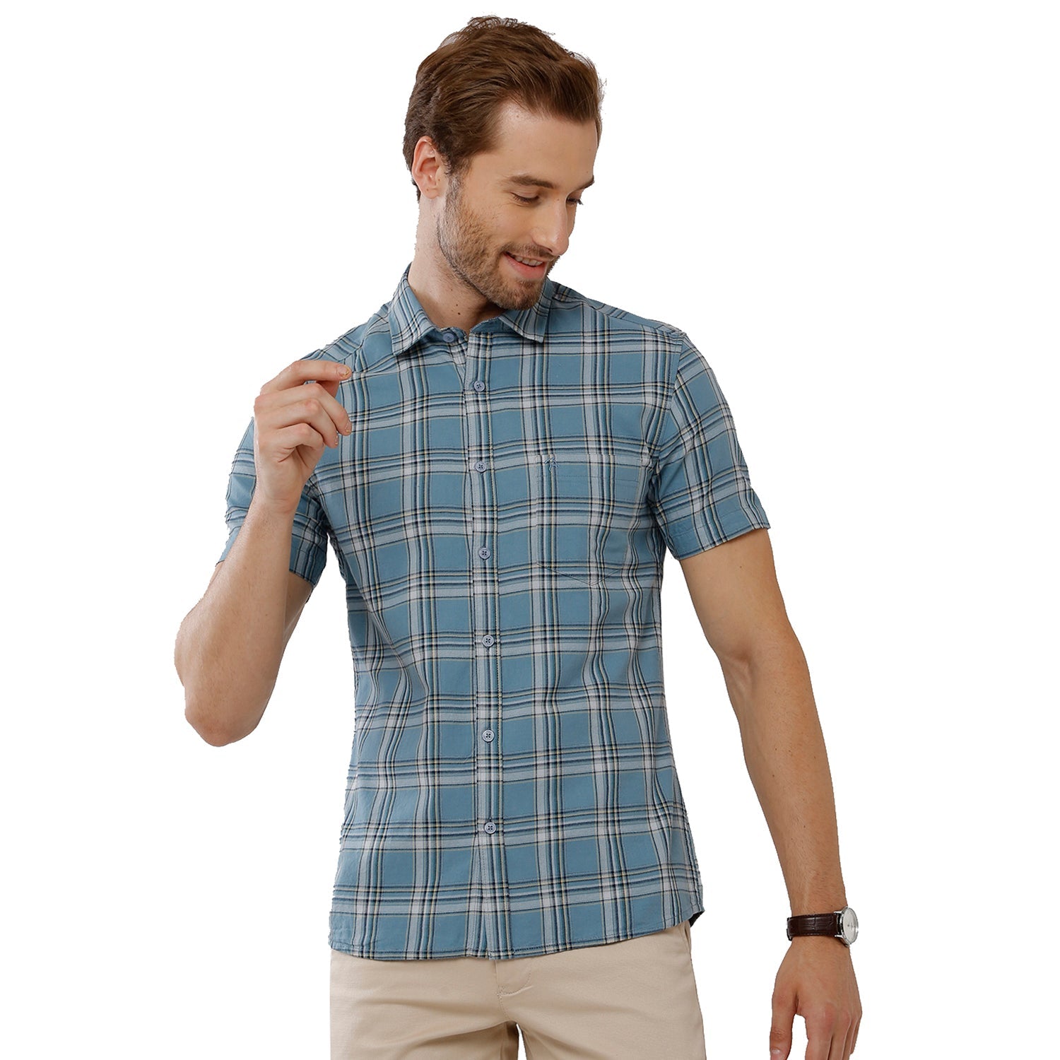Classic Polo Bro Mens 100% Cotton Checked Half Sleeve Slim Fit Polo Neck Multicolor Woven Shirt (SBN1-55 A-HS-CHK-BSL) Classic Polo 