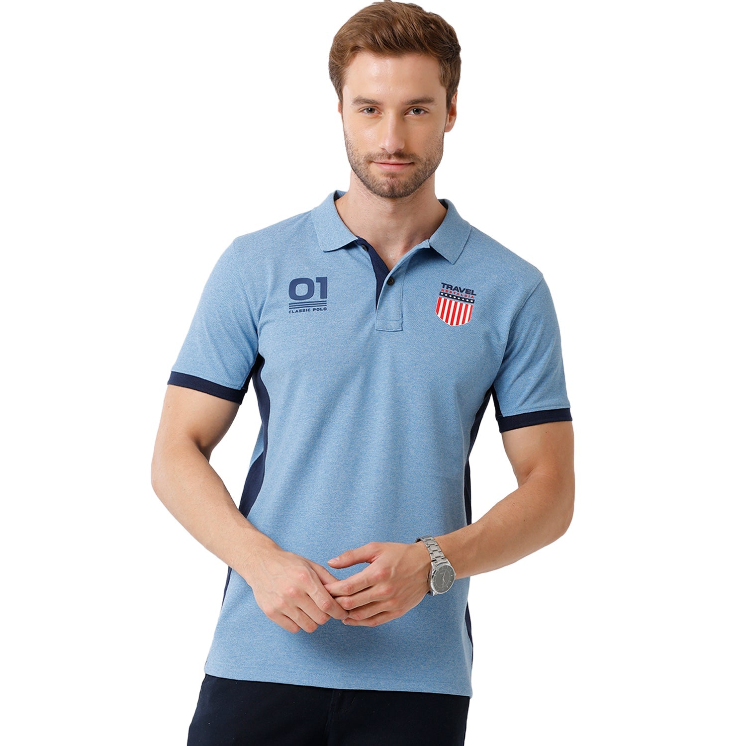 Mens Blue Color Half Sleeve Polo Neck Graphic T Shirt - PRM - 681 A SF P T-shirt Classic Polo 
