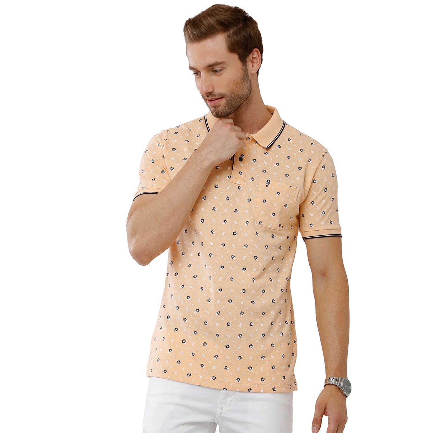 Classic Polo Mens 100% Cotton Printed Slim Fit Beige Color Polo Neck T-Shirt -BEAU 165 A T-shirt Classic Polo 