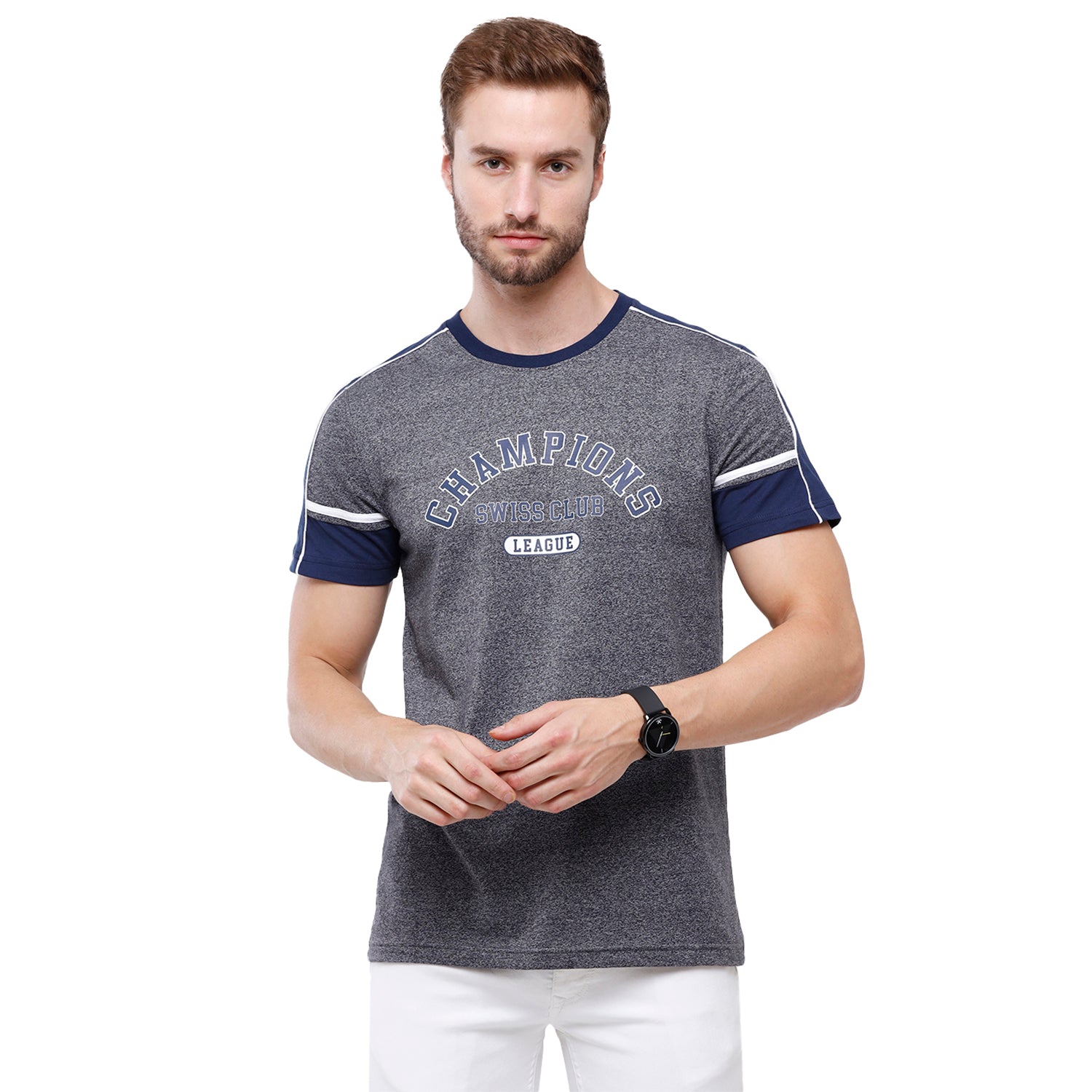 Swiss Club Mens Grey Chest Print Slim Fit Half Sleeve Round Neck T-Shirt (CUB - 48 B SF C) T-shirt Swiss Club 