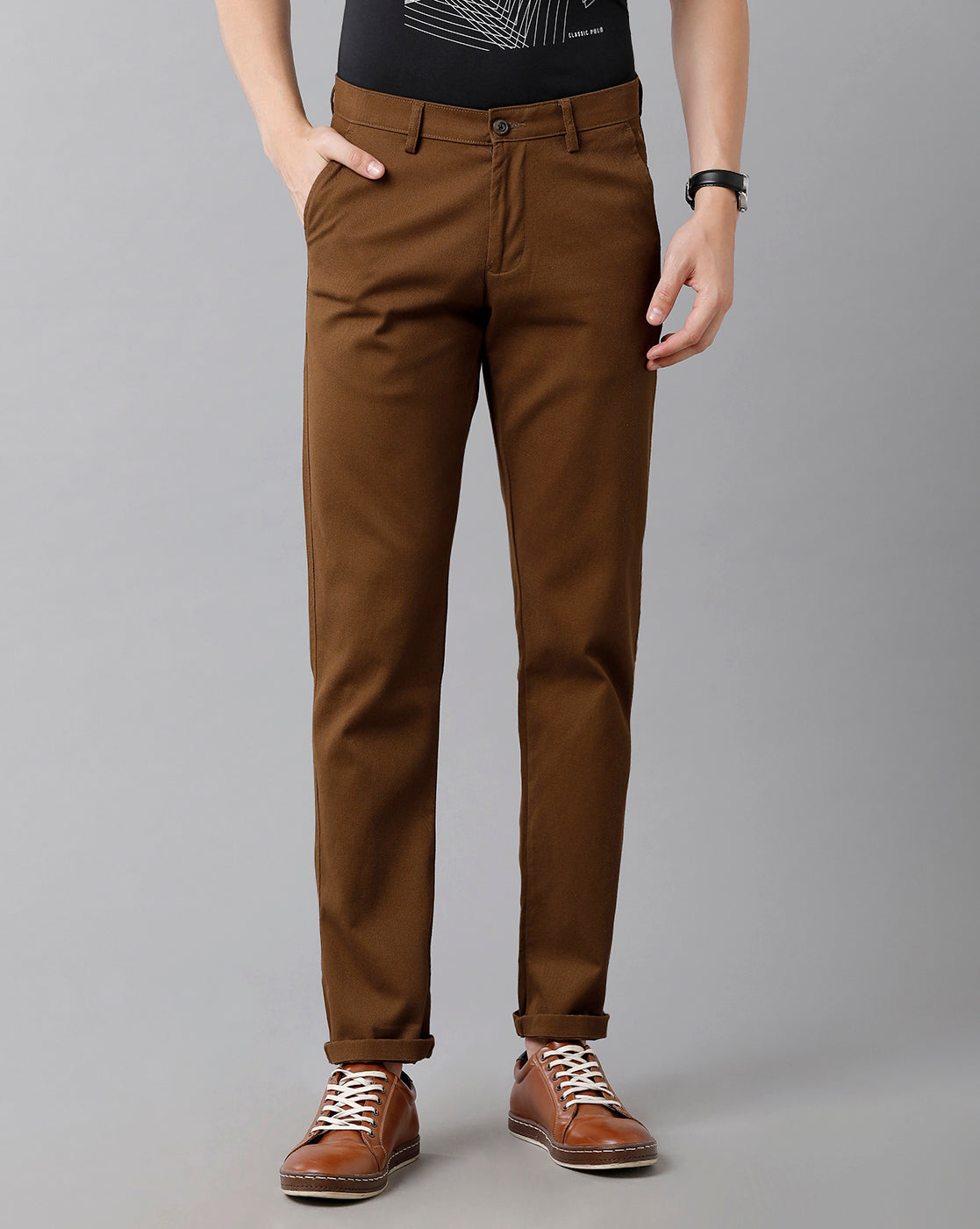 Classic Polo Men's Cotton Solid Slim Fit Brown Color Trousers | Tn2-08 B