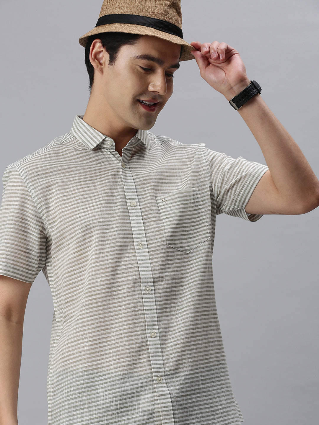 Classic Polo Men's Cotton Half Sleeve Striped Slim Fit Collar Neck Brown Color Woven Shirt | So1-107 A