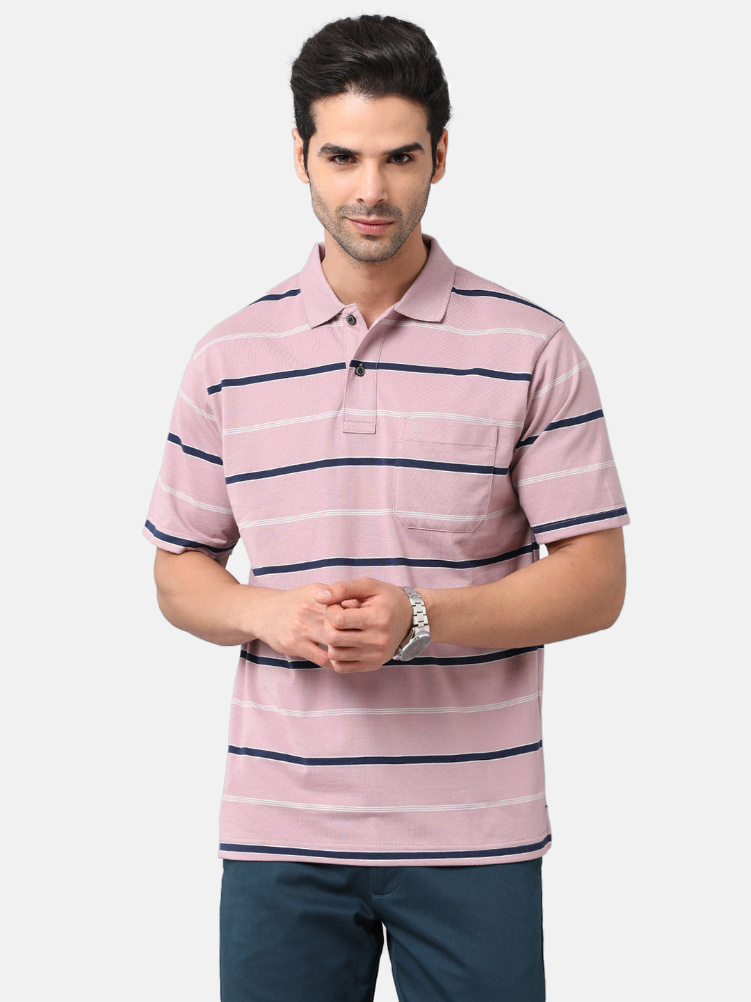 Classic Polo Mens Cotton Blend Striped Authentic Fit Polo Neck Pink Color T-Shirt | Avon 478b