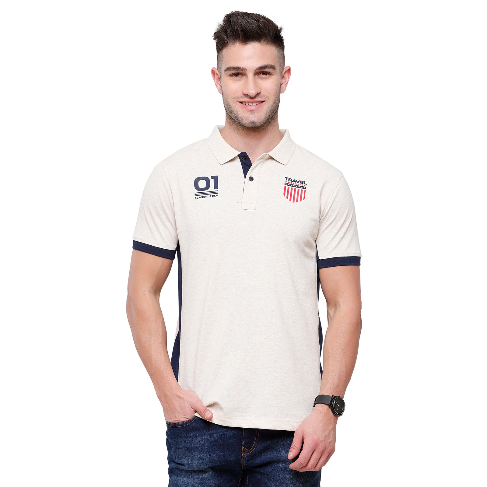 Classic Polo Mens Cotton Graphic Slim Fit Polo Neck White Colour T-Shirt - PRM 681B T-shirt Classic Polo 