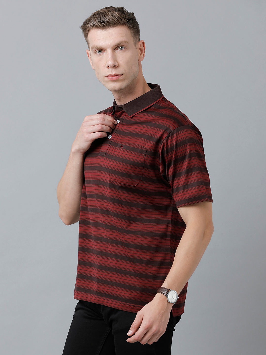 Classic Polo Men's Cotton Half Sleeve Striped Authentic Fit Polo Neck Brown Color T-Shirt | Ultimo - 305 B