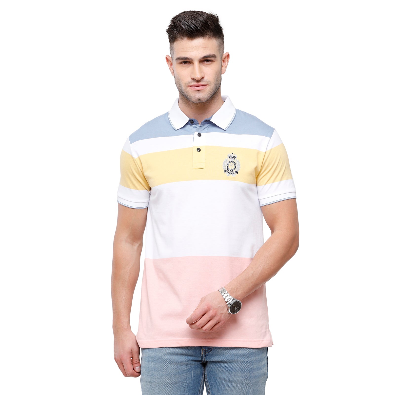 Classic Polo Mens Multi Stripped Half Sleeve Slim Fit Polo Neck T-Shirt - VTA 182A T-shirt Classic Polo 