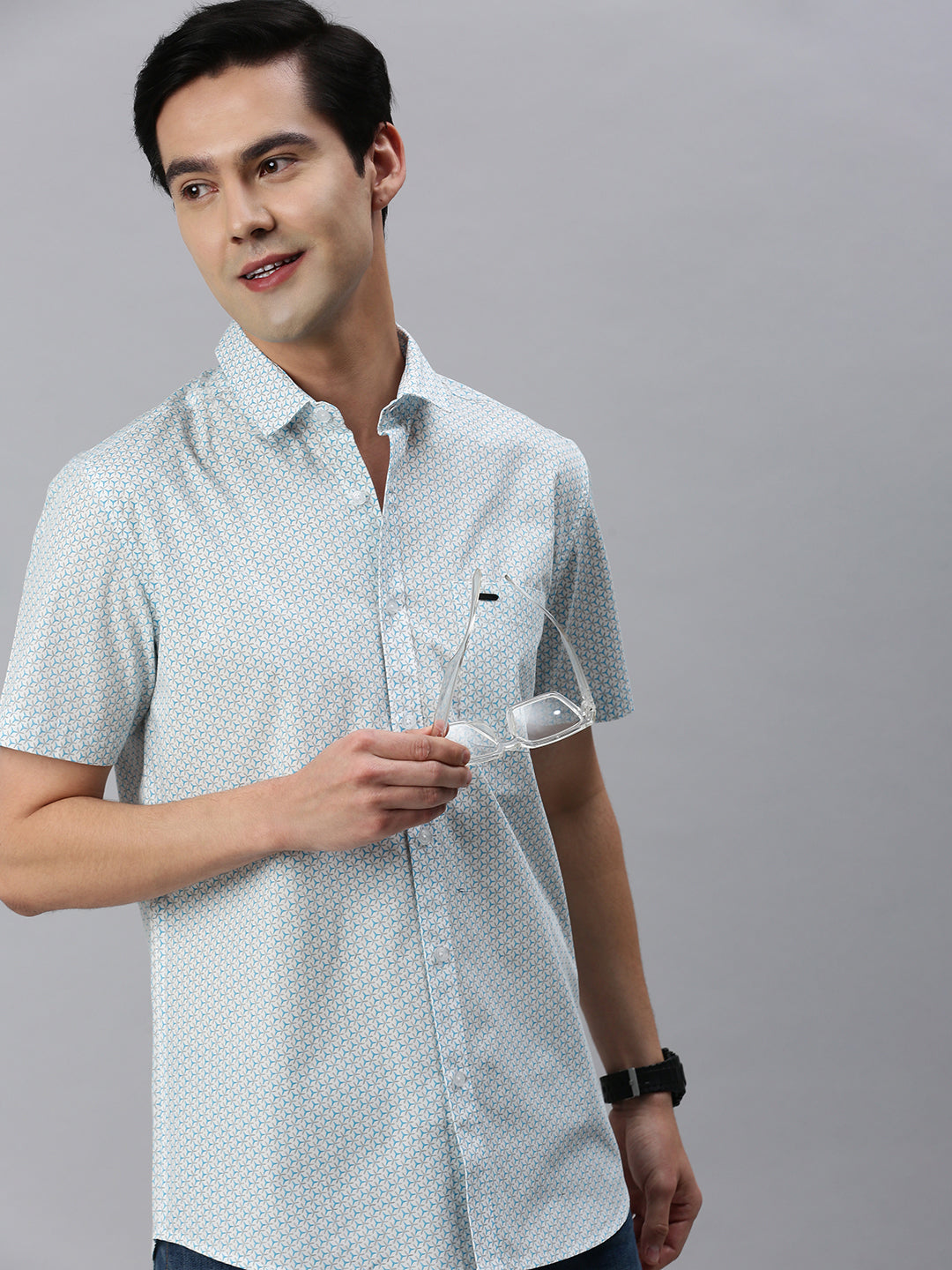 Classic Polo Men's Cotton Half Sleeve Printed Slim Fit Collar Neck Light Blue Color Woven Shirt | So1-147 B